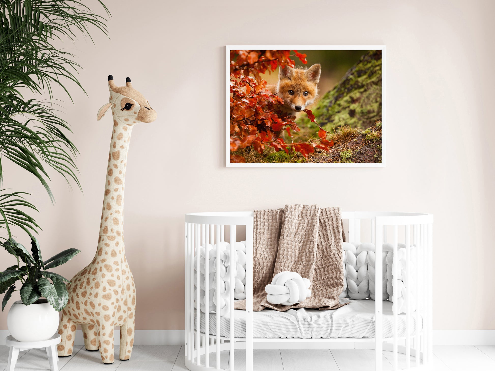 Woodland Animal Nursery Wall Art: Peek-A-Boo Baby Fox Pup And Fall Leaves - Animal / Wildlife / Nature Artwork - Wall Decor - Framed Wall Art Print