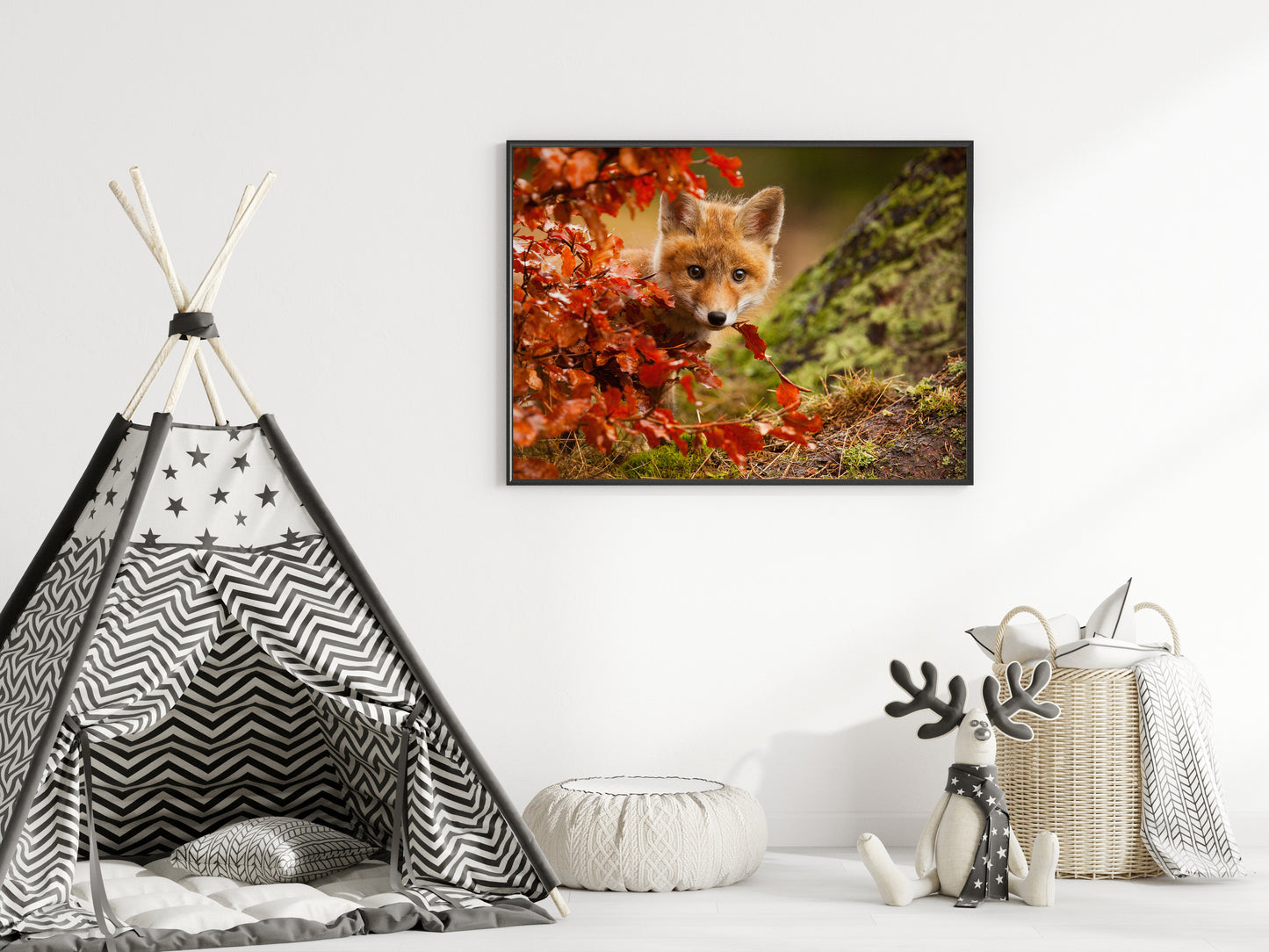 Woodland Animal Nursery Art: Peek-A-Boo Baby Fox Pup And Fall Leaves - Animal / Wildlife / Nature Artwork - Wall Decor - Framed Wall Art Print