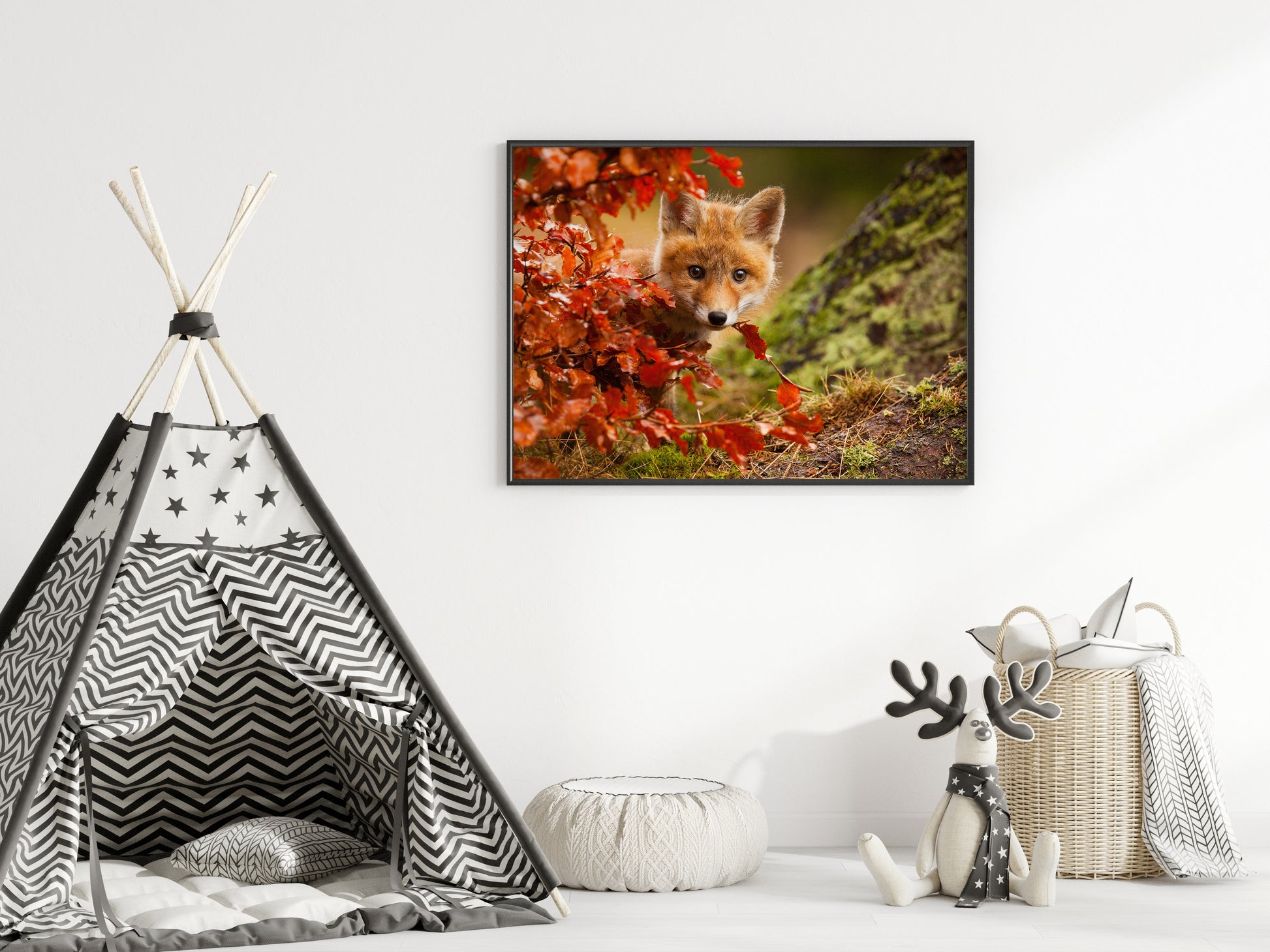 Woodland Animal Nursery Art: Peek-A-Boo Baby Fox Pup And Fall Leaves - Animal / Wildlife / Nature Artwork - Wall Decor - Framed Wall Art Print