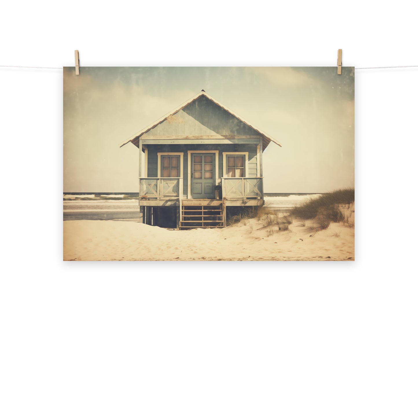 Beach Hut Art Prints: A Journey Through Time Subdued Retro Photorealism - Digital Artwork Loose Art Print
