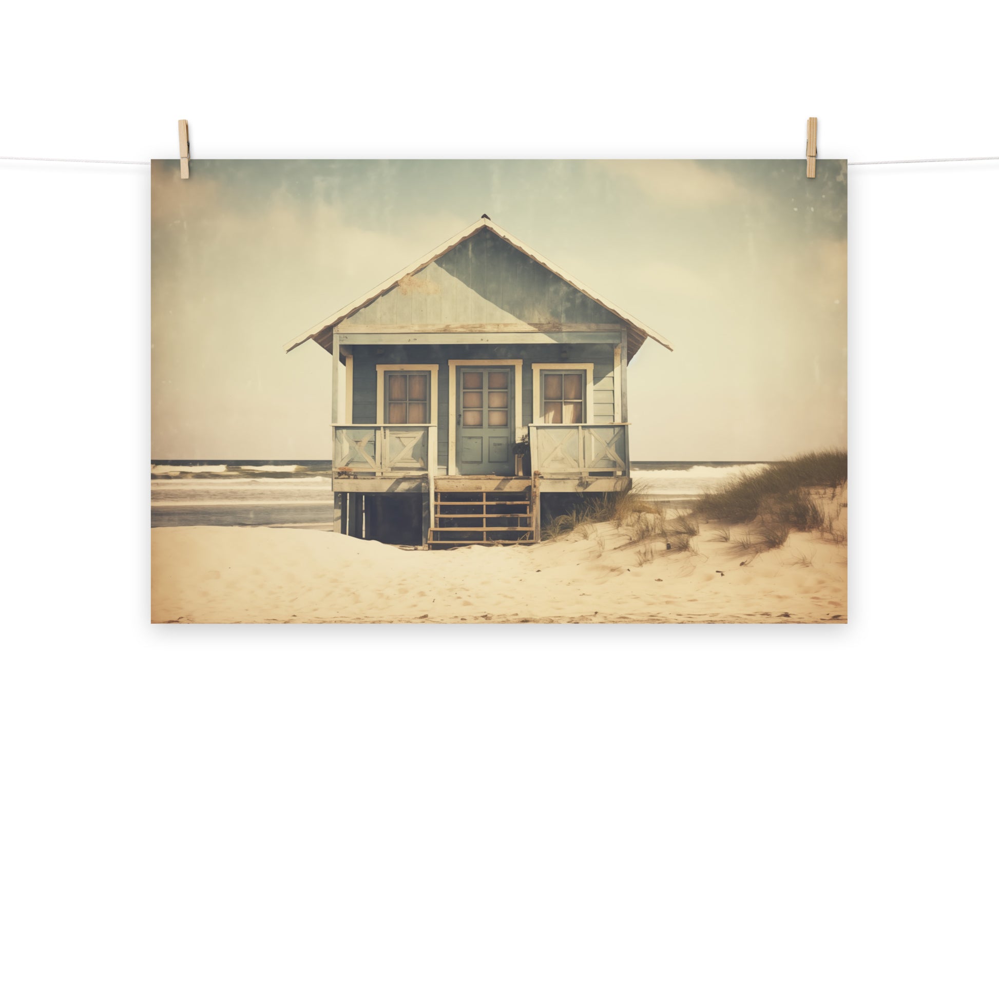 Beach Hut Art Prints: A Journey Through Time Subdued Retro Photorealism - Digital Artwork Loose Art Print