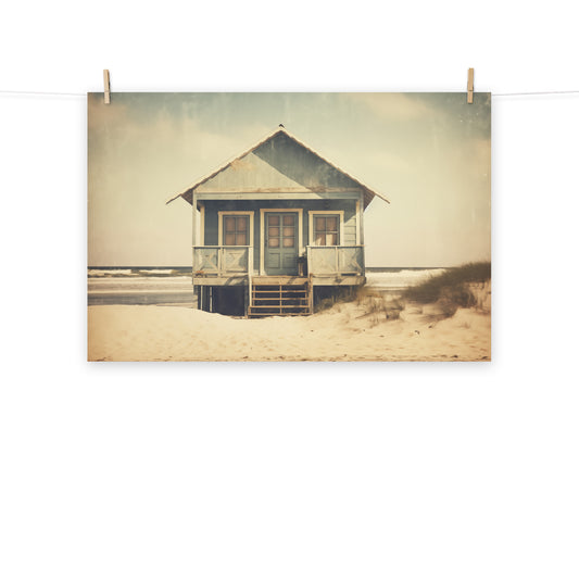 Beach Hut Art Prints: A Journey Through Time Subdued Retro Photorealism - Digital Artwork Loose Art Print