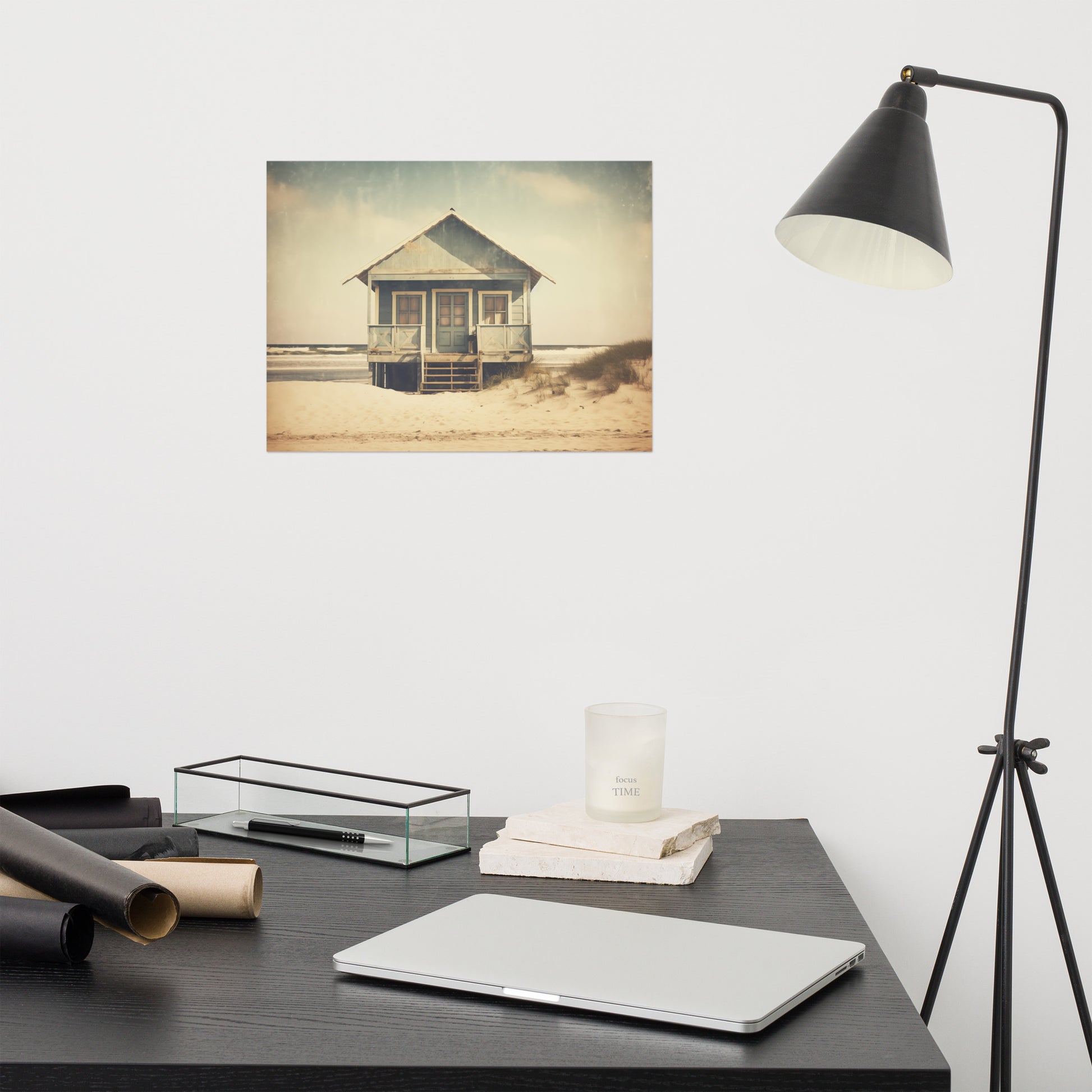 Beach Hut Posters Prints: A Journey Through Time Subdued Retro Photorealism - Digital Artwork Loose Art Print