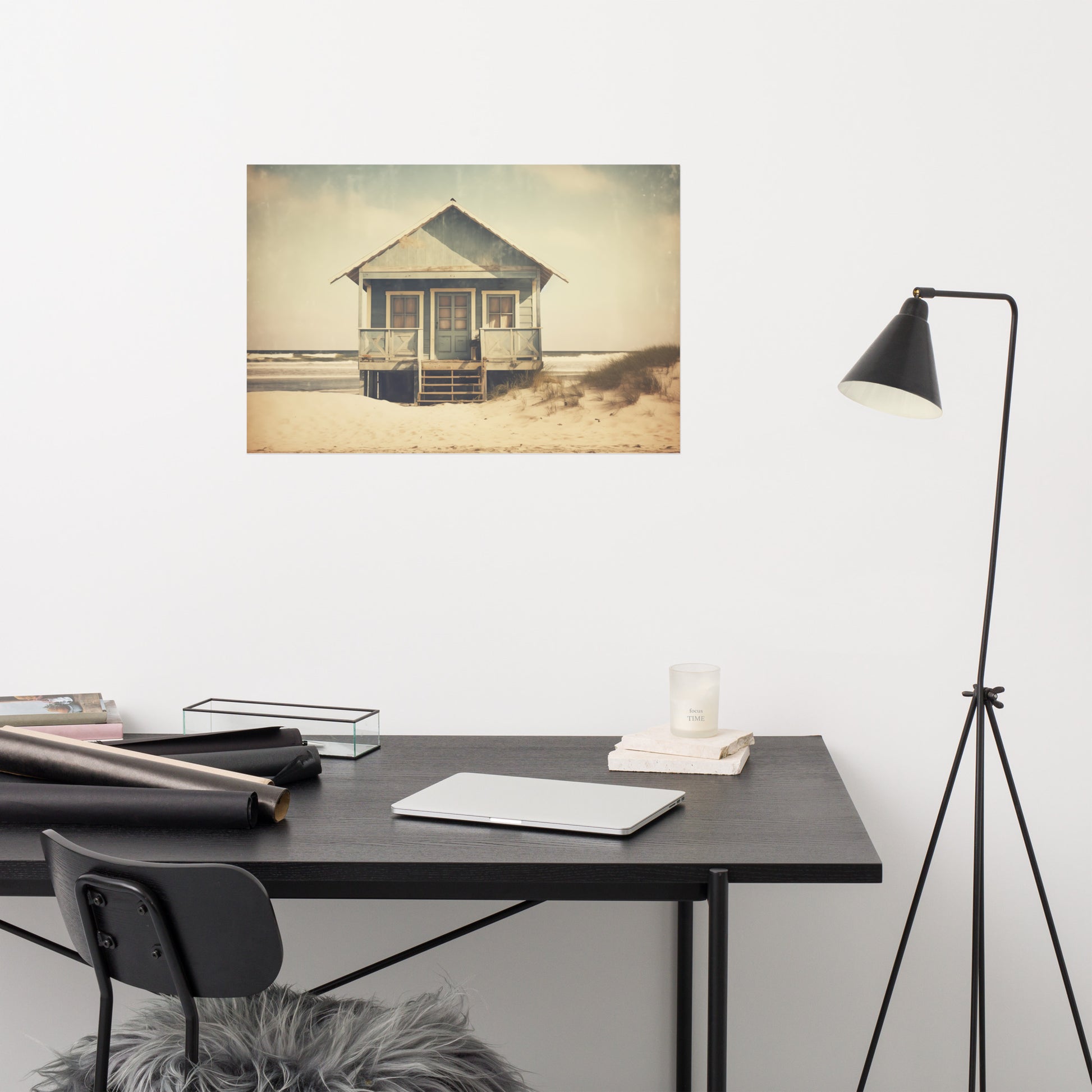 Beach Hut Print: A Journey Through Time Subdued Retro Photorealism - Digital Artwork Loose Art Print