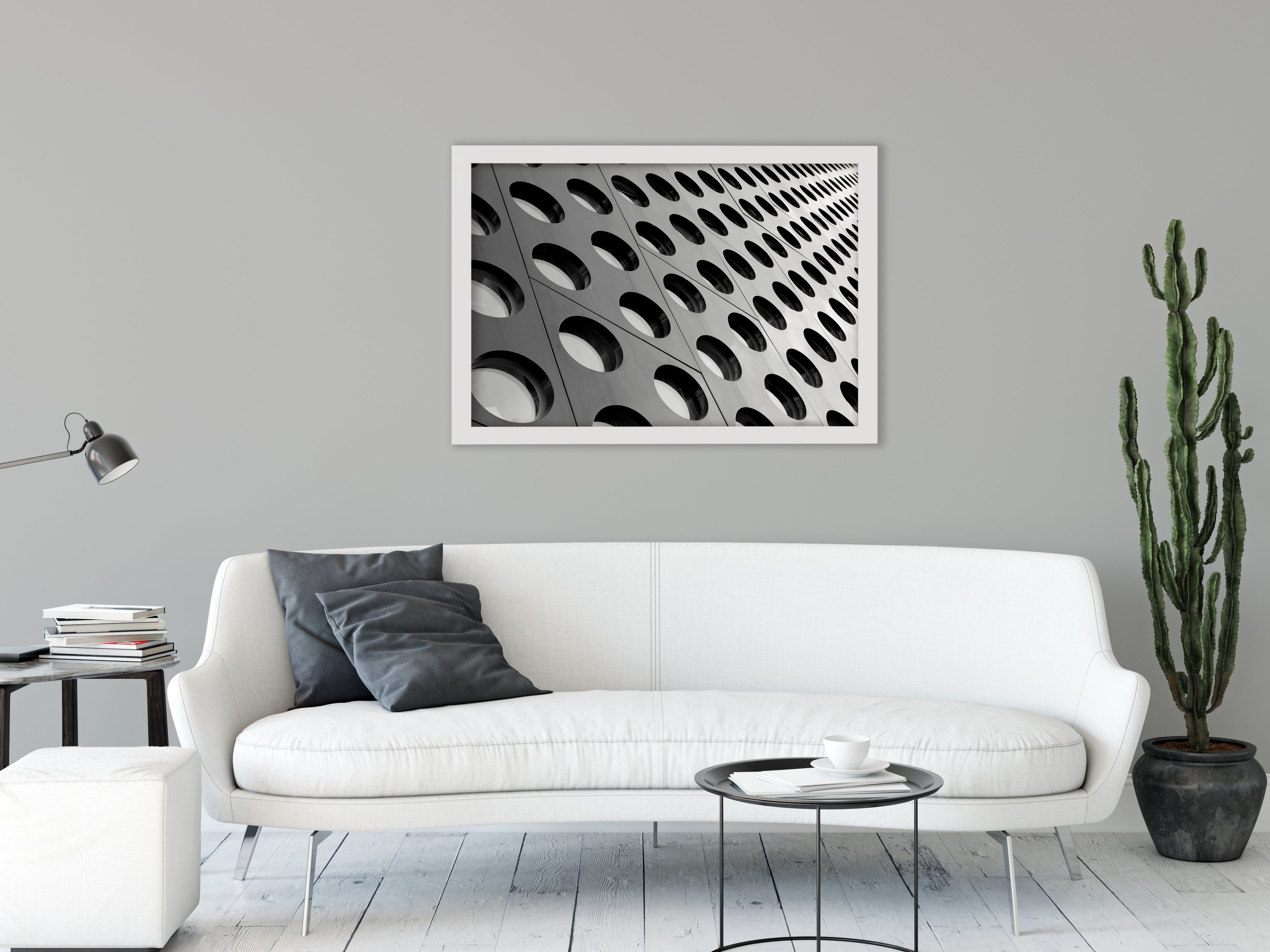 Binary Rhythm Abstract Architectural Details of Building Photographic Wall Art displayed in living room setting over sofa