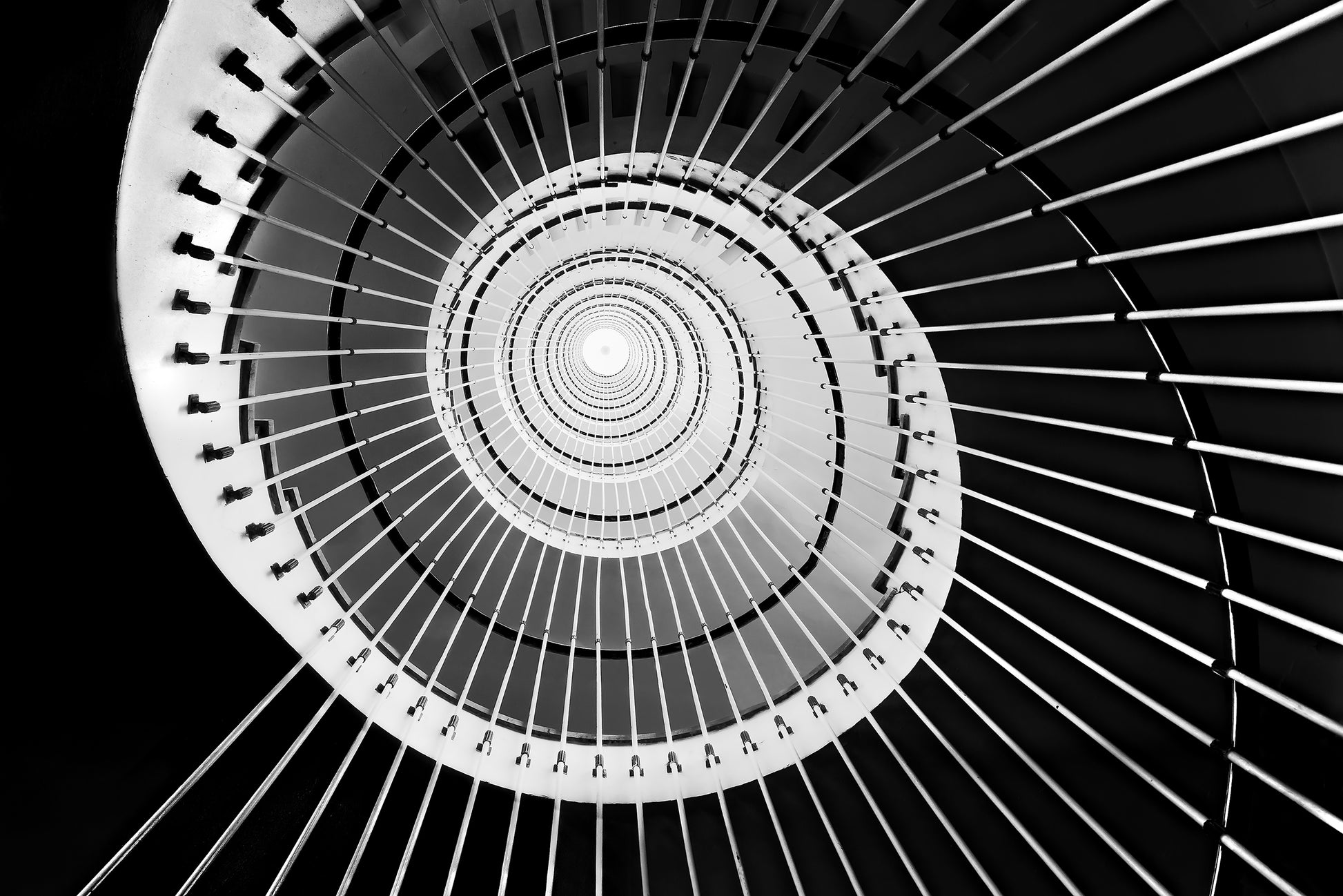 Black and White Architectural Photos: Never Ending Ascent - Equiangular Spiral Staircase Frameable Art Print