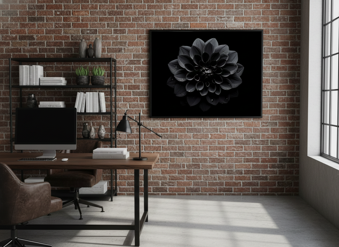 Black Beauty Black Flowers Photorealistic Digital Artwork Framed in Industrial Chic Style Home Office