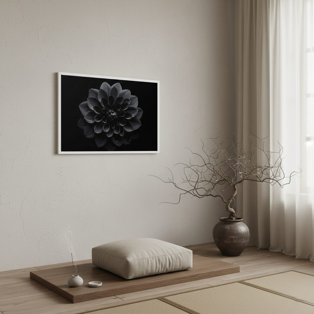 Black Beauty Black Flowers Photorealistic Digital Artwork Framed in Wabi-Sabi Style Meditation Room