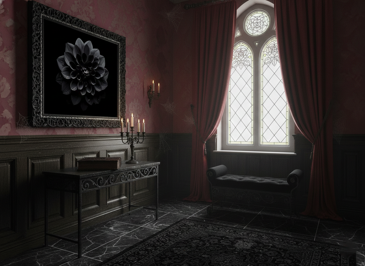 Black Beauty Black Flowers Photorealistic Digital Artwork Loose in Gothic Style Foyer