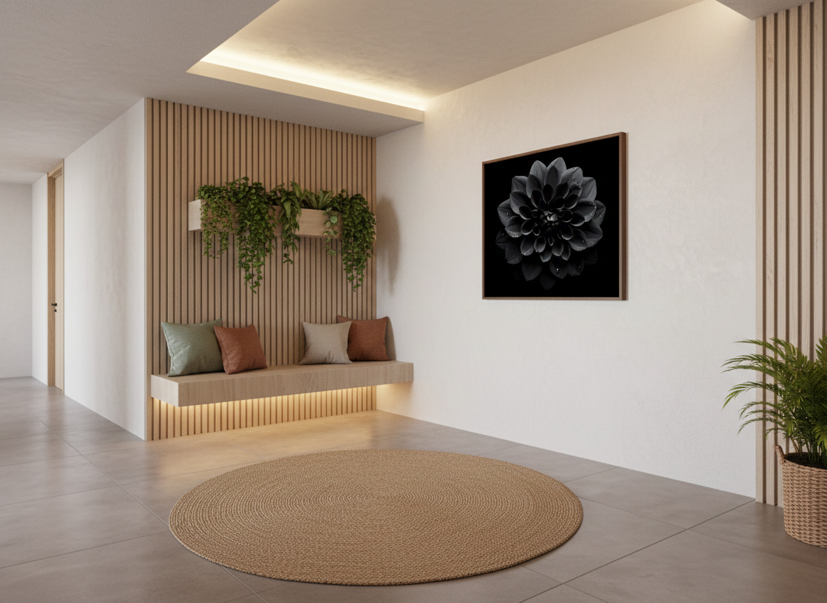 Black Beauty Black Flowers Photorealistic Digital Artwork Loose in Modern Organic Style Hallway