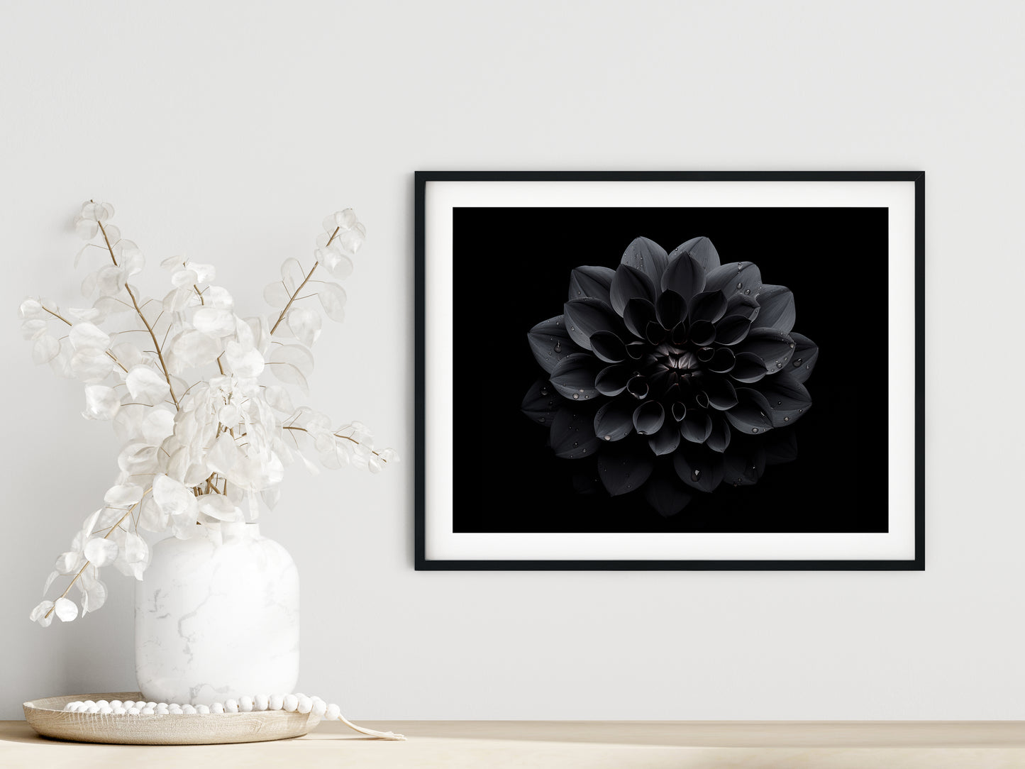 Black Beauty Black Flowers Photorealistic Digital Floral Artwork DIY Downloadable and Printable Wall Art Print in Bedroom Setting