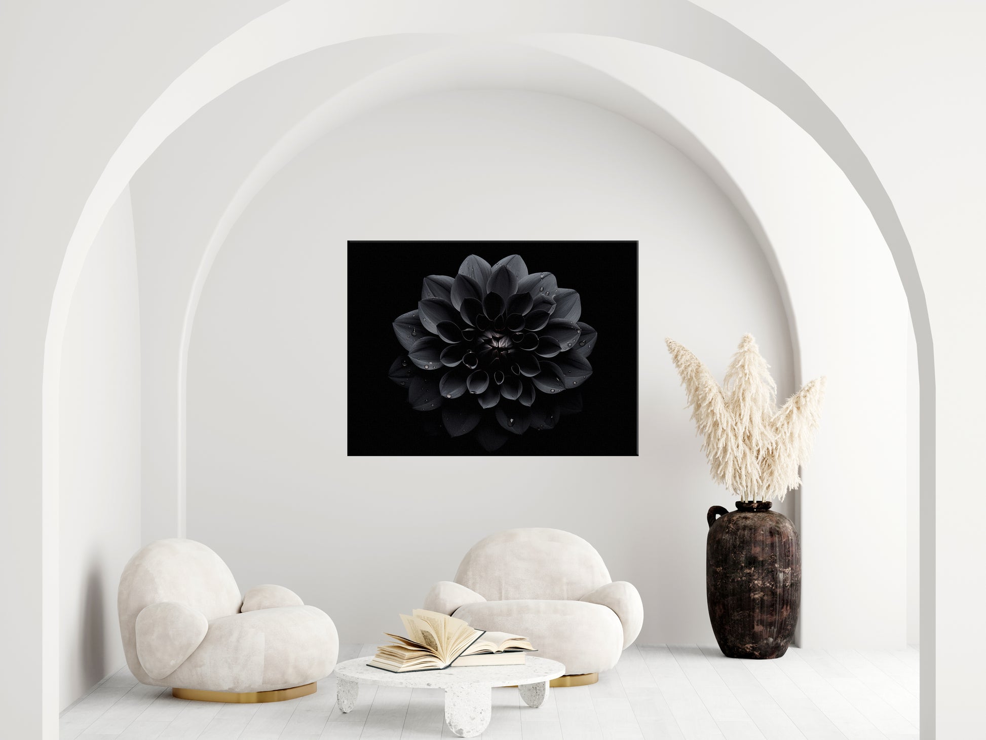 Black Beauty Black Flowers Photorealistic Digital Floral Artwork Extra Large Canvas Wall Art Print in Living Room Setting