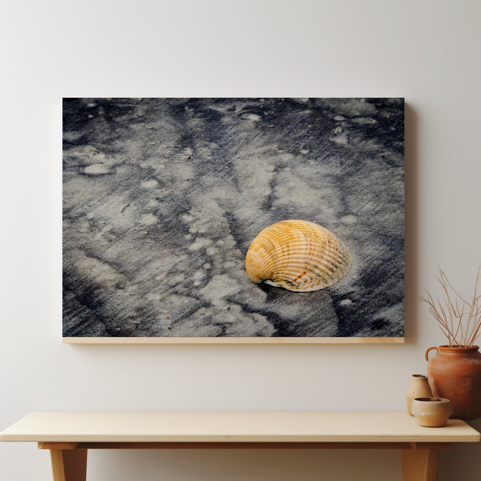 Black Sands and Seashell on the Shore Coastal Beach Nature Photograph DIY Canvas Wall Art Prints in Bedroom Setting