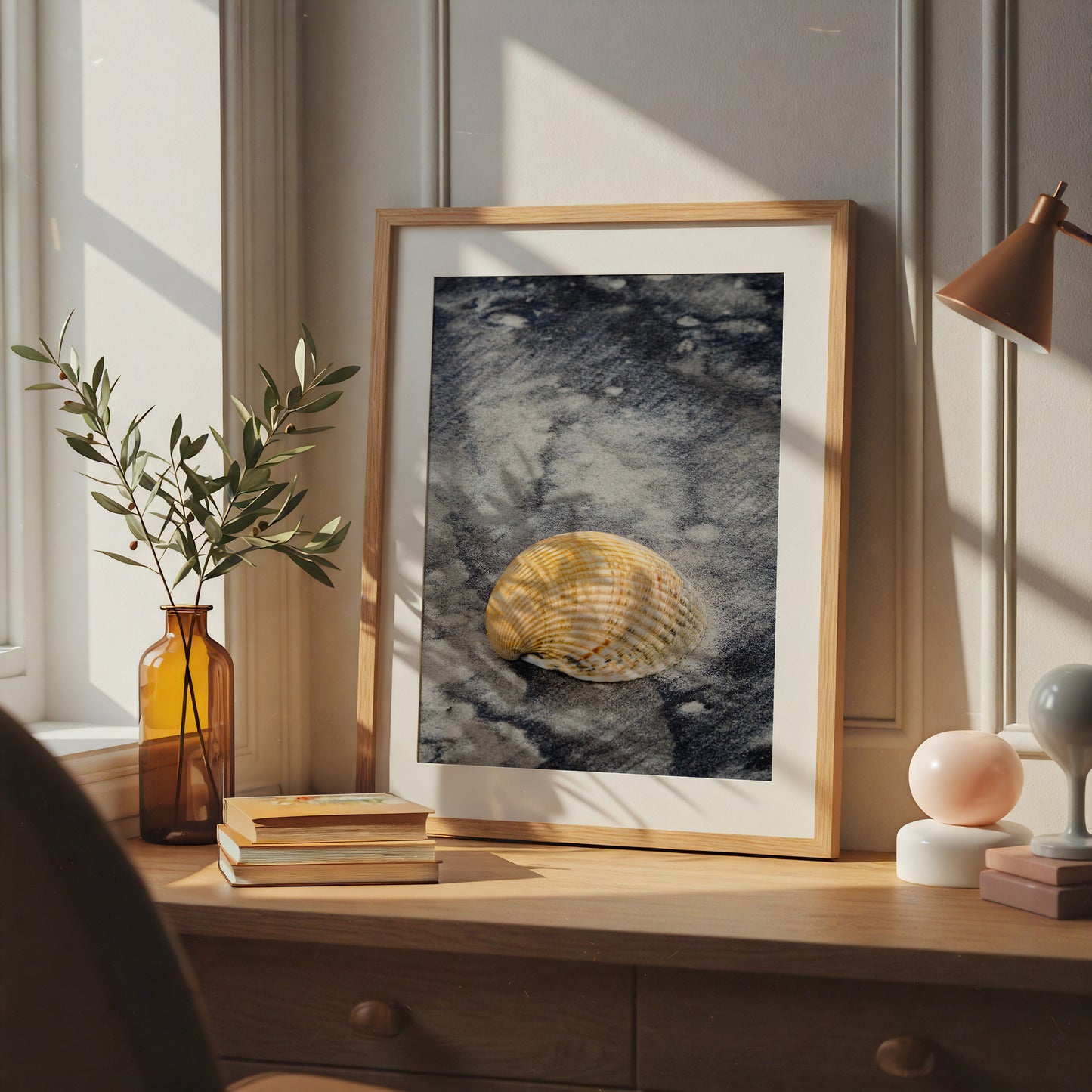 Black Sands and Seashell on the Shore Coastal Beach Nature Photograph DIY Frame and Matting Wall Art Prints in Home Office Setting