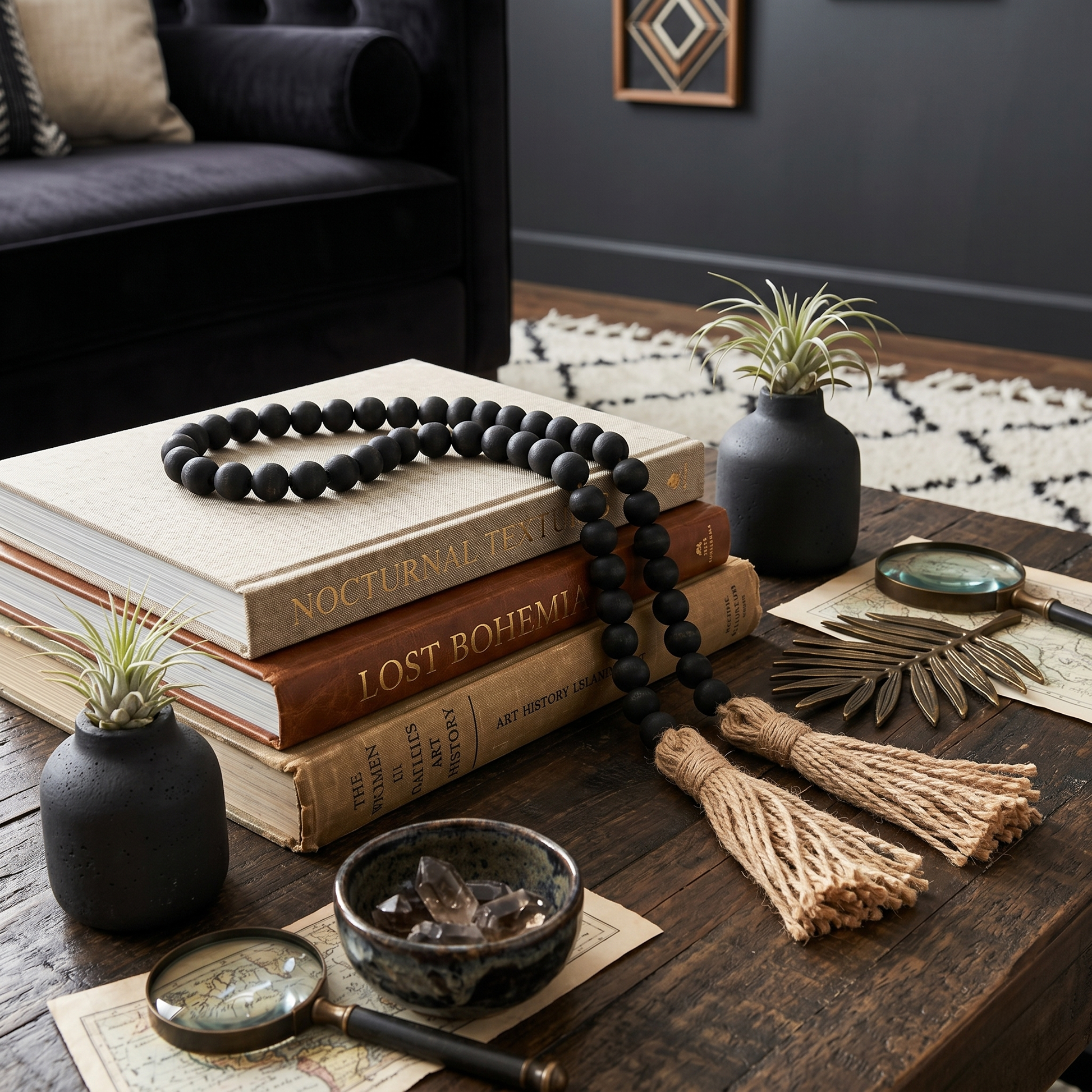 Black Wood Bead Garland in Bohemian Noir style living room coffee table set-up