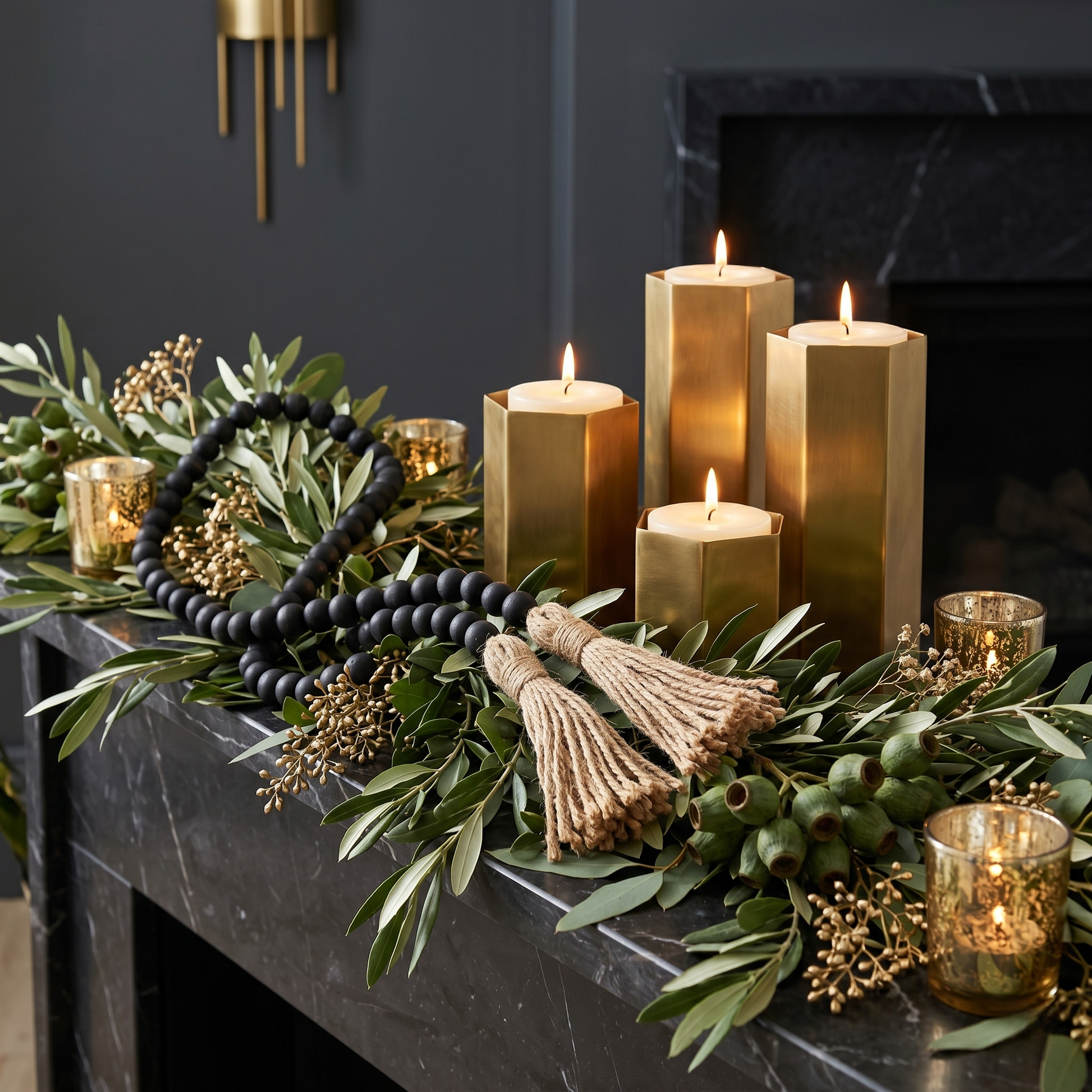 Black Wood Bead Garland in Contemporary Luxe style mantel centerpiece