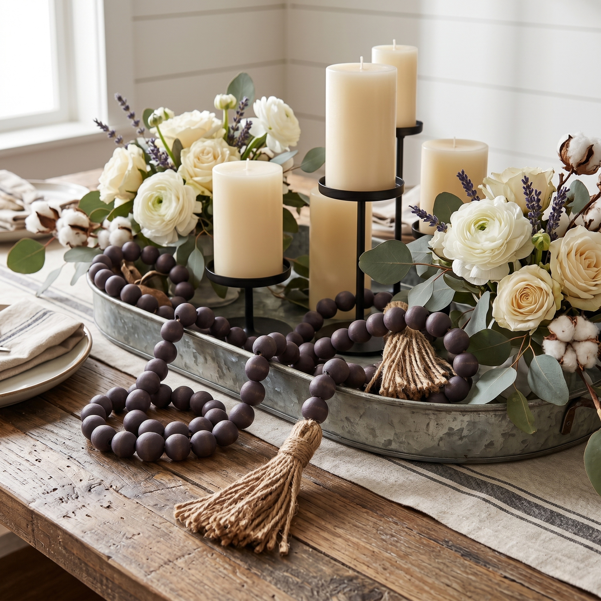 Black Wood Bead Garland in Modern Farmhouse style dining room centerpiece