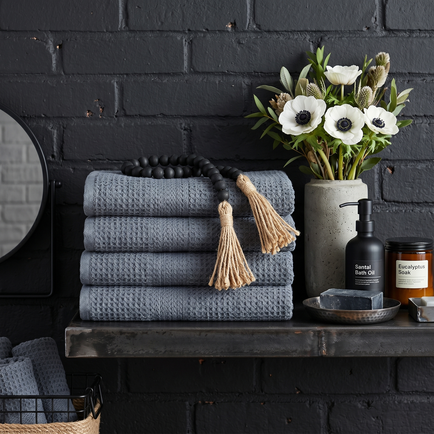 Black Wood Bead Garland in Modern Industrial style bathroom