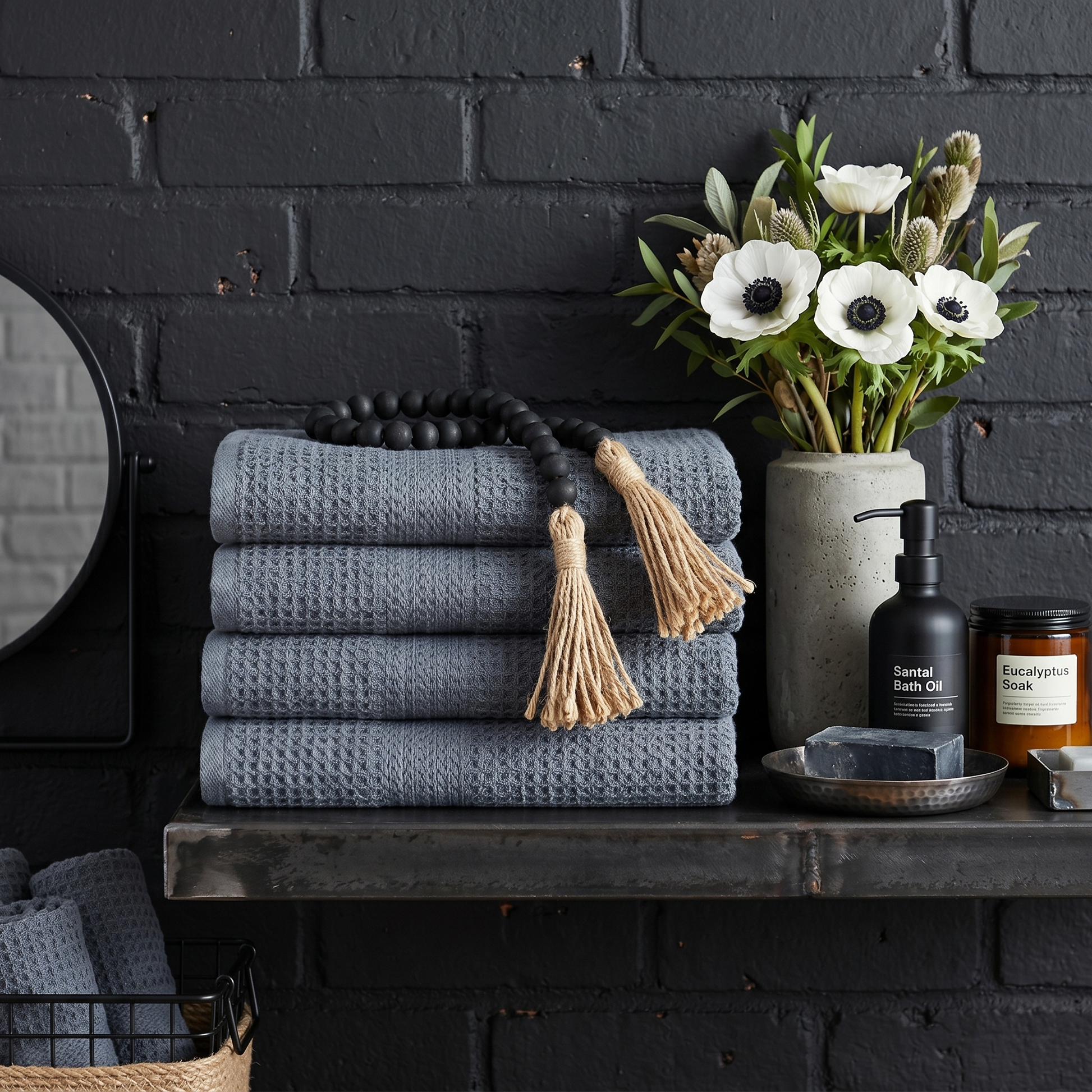 Black Wood Bead Garland in Modern Industrial style bathroom