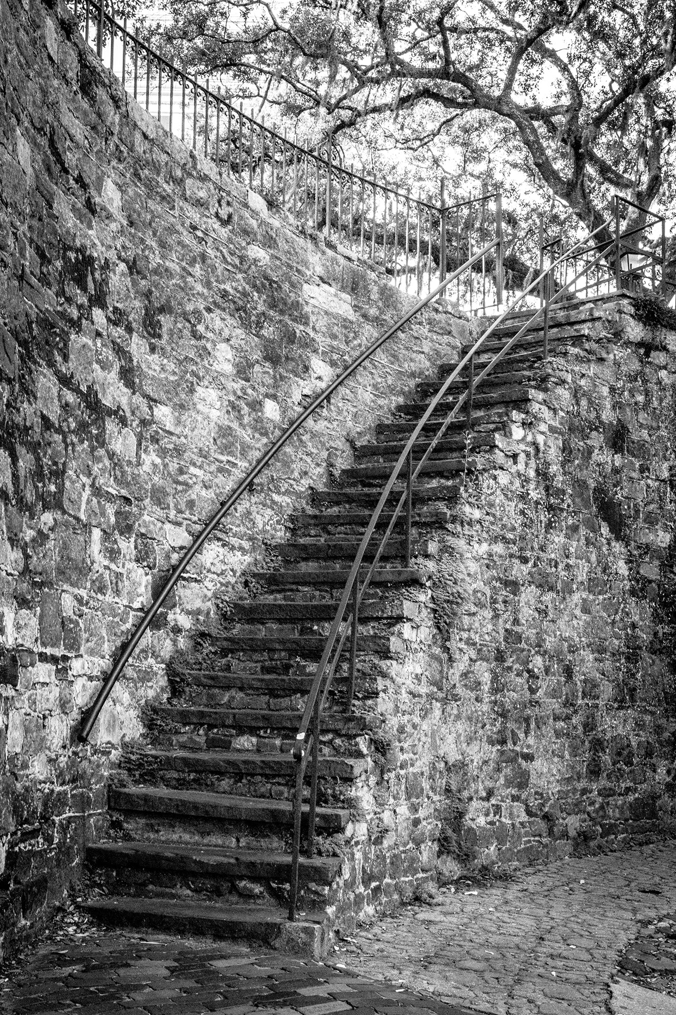 Black and White Old Stone Stairs River Street Savannah Ga Loose Wall Art Print