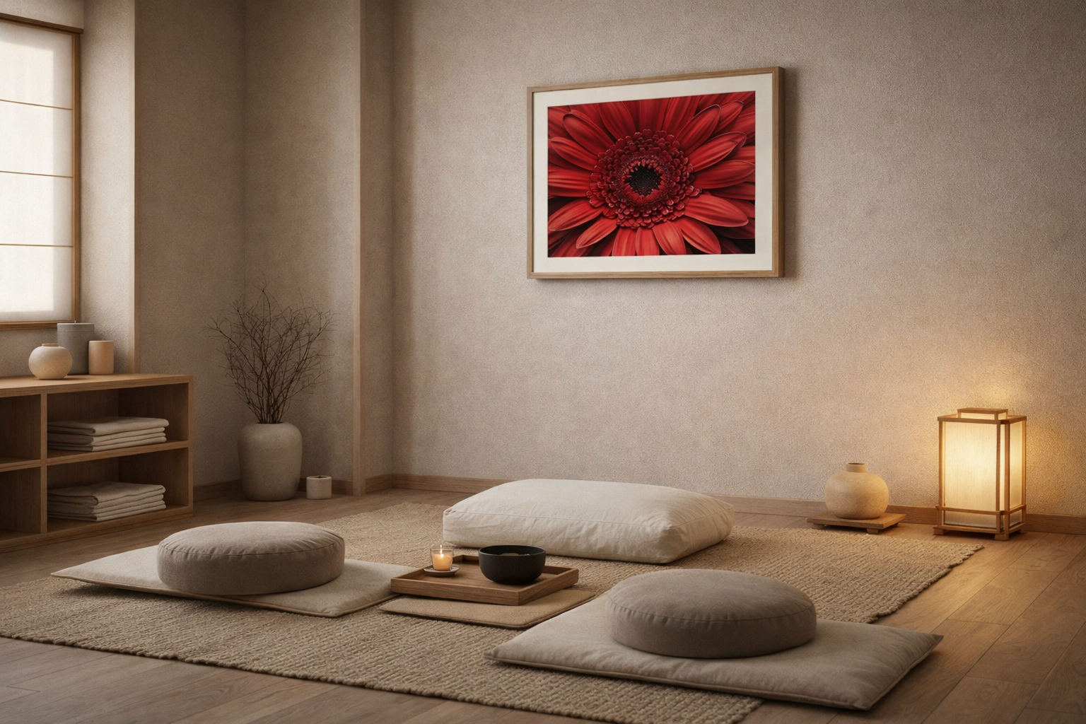 Bloomin' Beautiful Floral Photorealistic Digital Artwork in Loose in Japandi Style Meditation Room