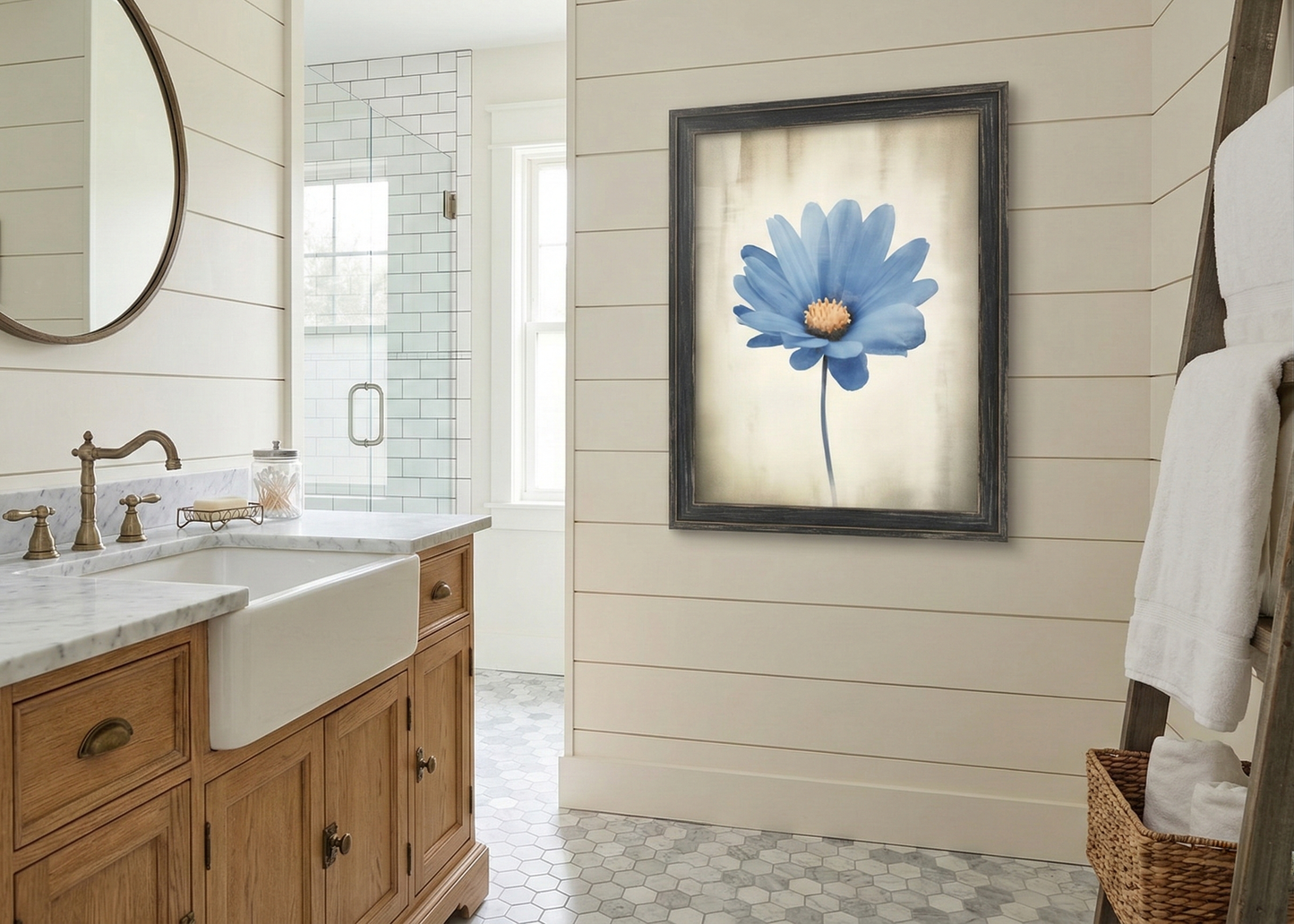 Blue Pastel Perfection Digital Watercolor Painting Downloadable in Modern Farmhouse Style Bathroom