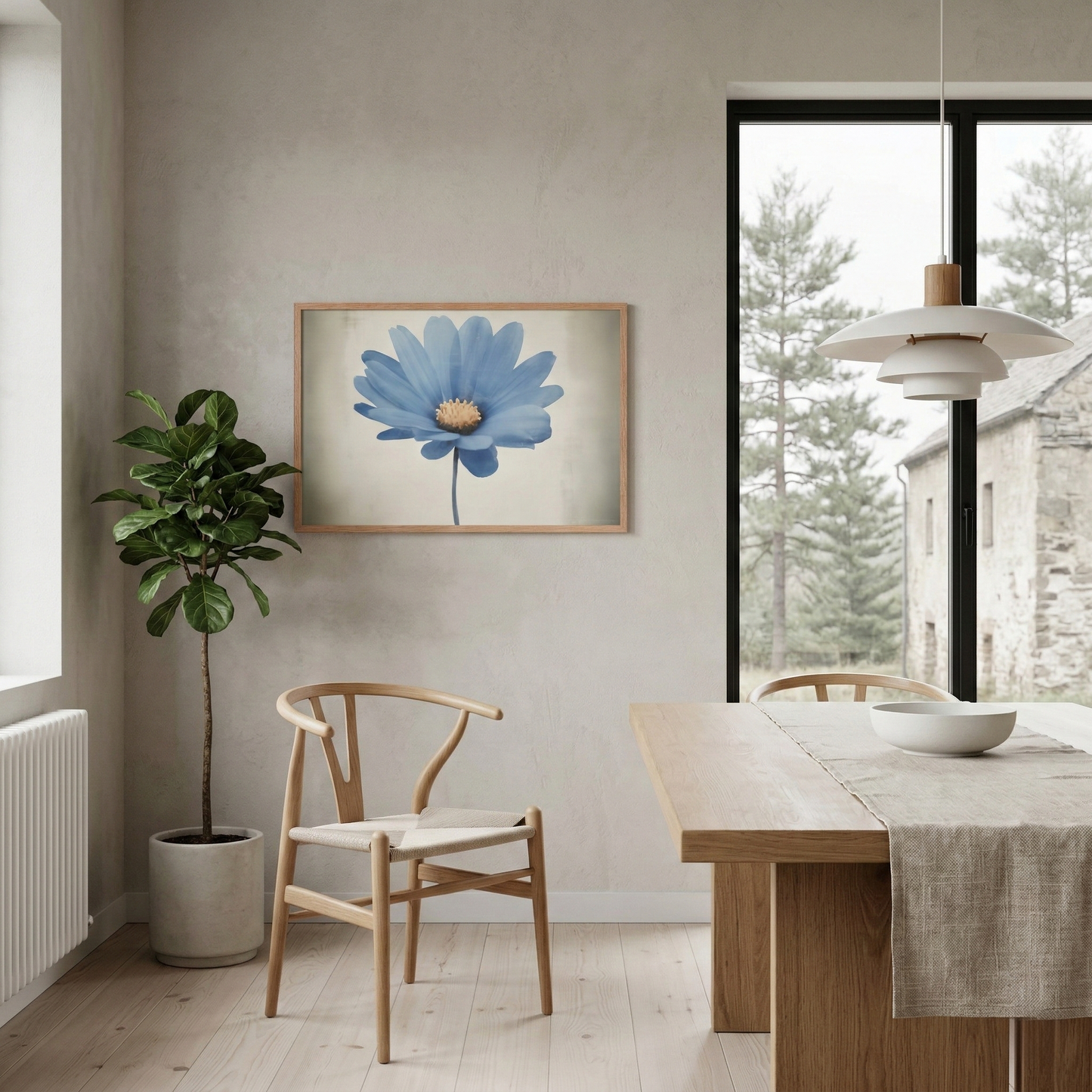 Blue Pastel Perfection Digital Watercolor Painting Framed in Scandinavian Style Dining Room