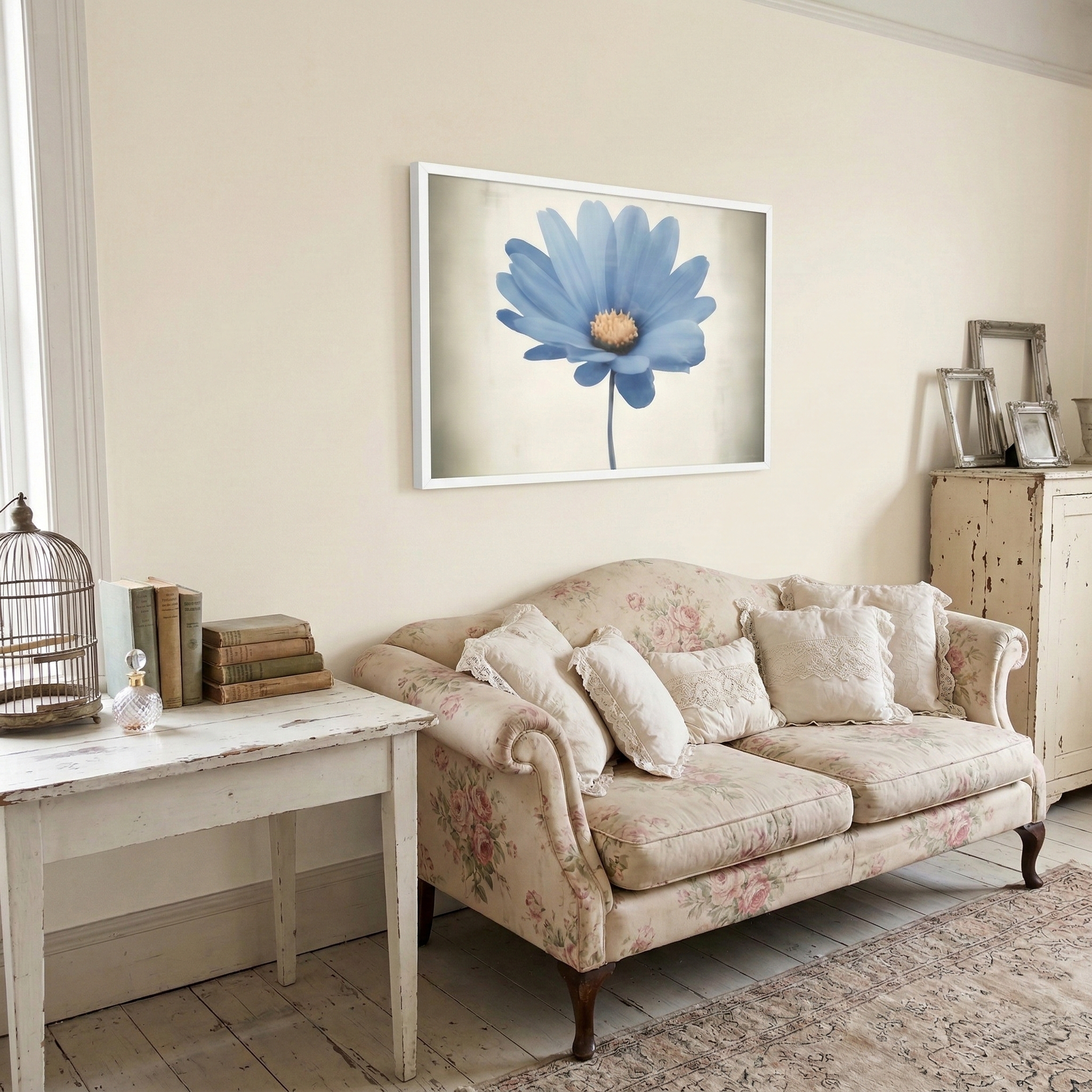 Blue Pastel Perfection Digital Watercolor Painting Framed in Shabby Chic Style Living Room