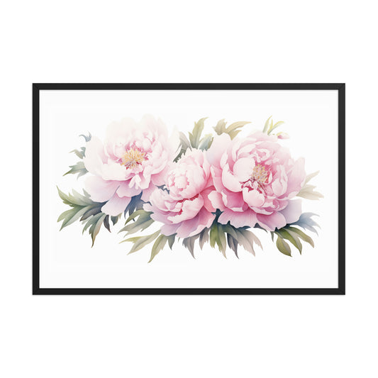 Blushing Peonies Floral Digital Artwork Watercolor Painting Framed Wall Art Print - Black Frame