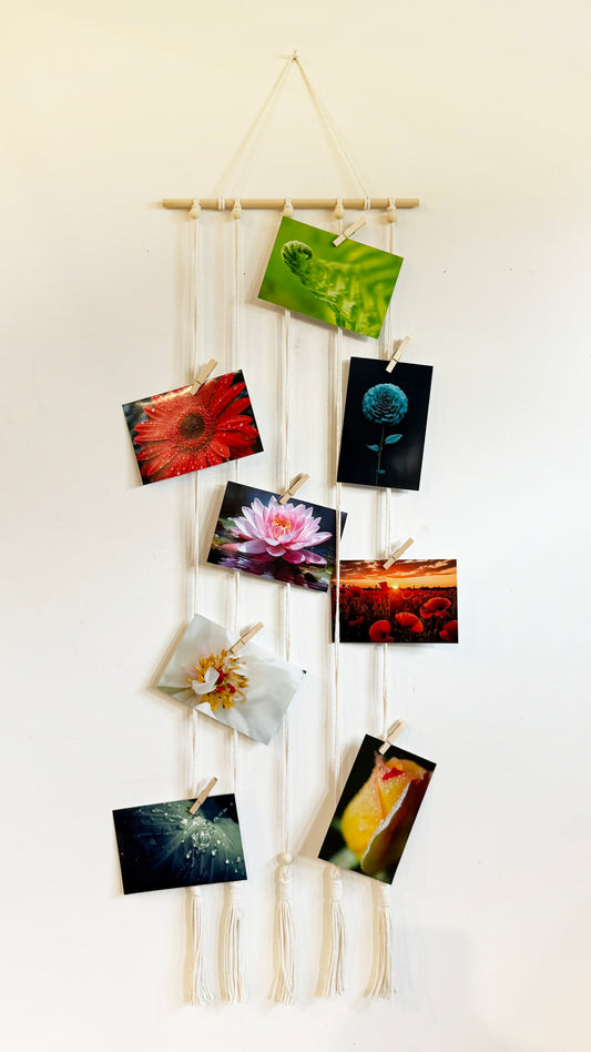 Boho Macrame Hanging Photo Display with Wooden Beads & Clips | Picture Holder Wall Decor