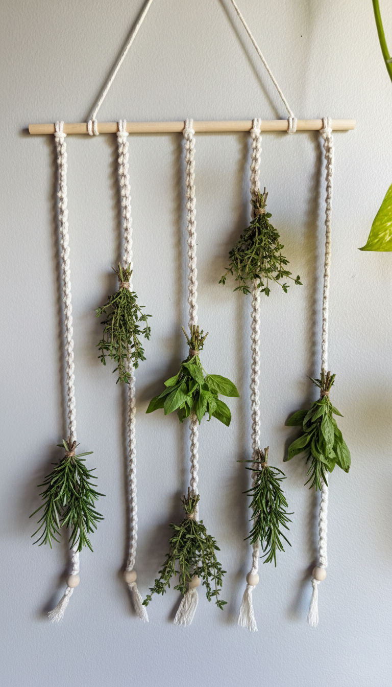 Boho Macrame Wall Hanging Herb Drying Rack & Clips PHT2