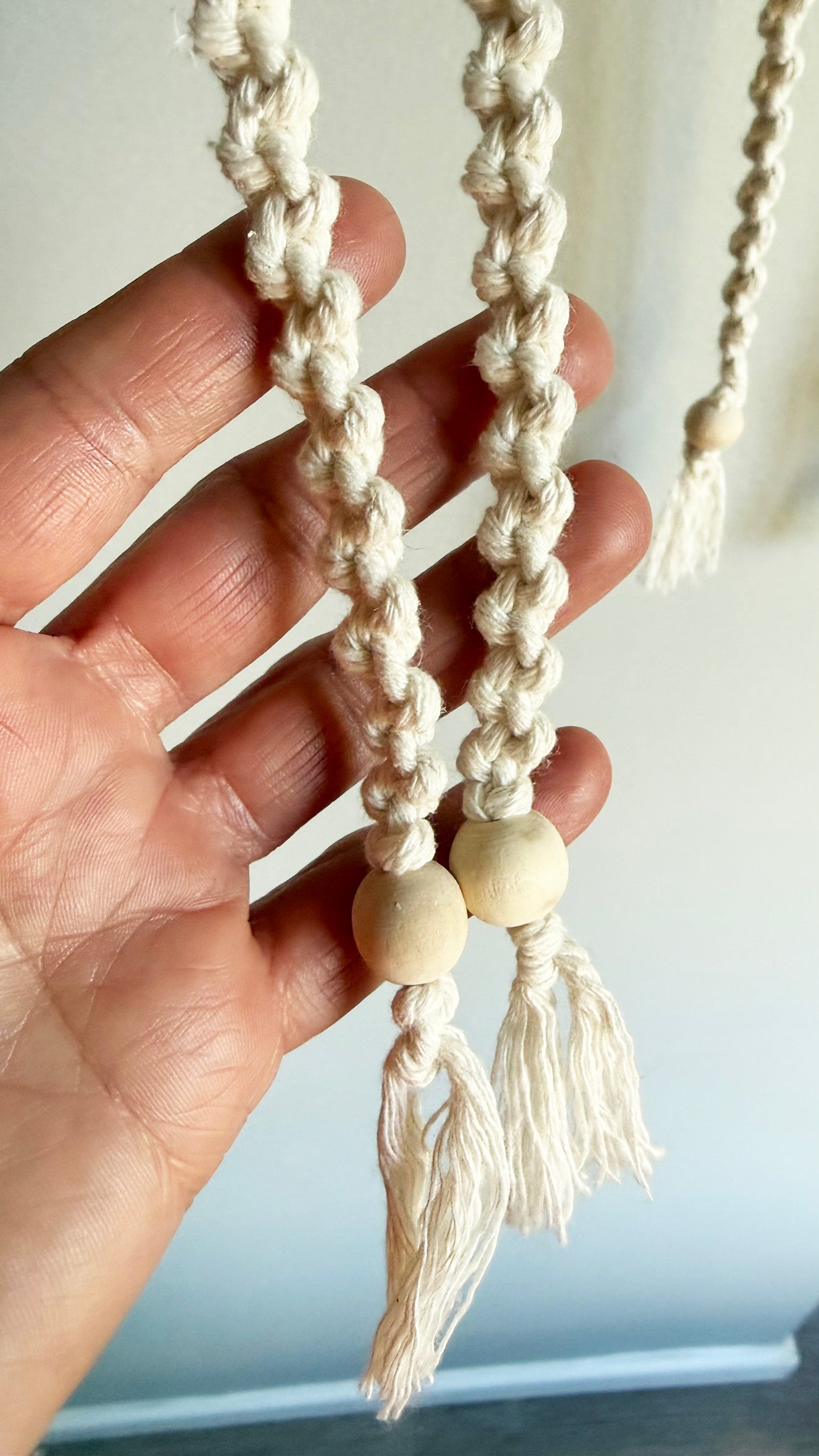 Boho Macrame Wall Hanging Herb Drying Rack & Clips PHT2 close up of knots 2