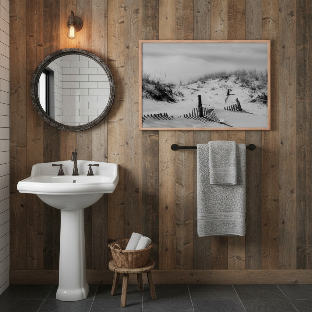 Buried Fences Black and White Landscape Photograph Framed in Rustic Style Bathroom