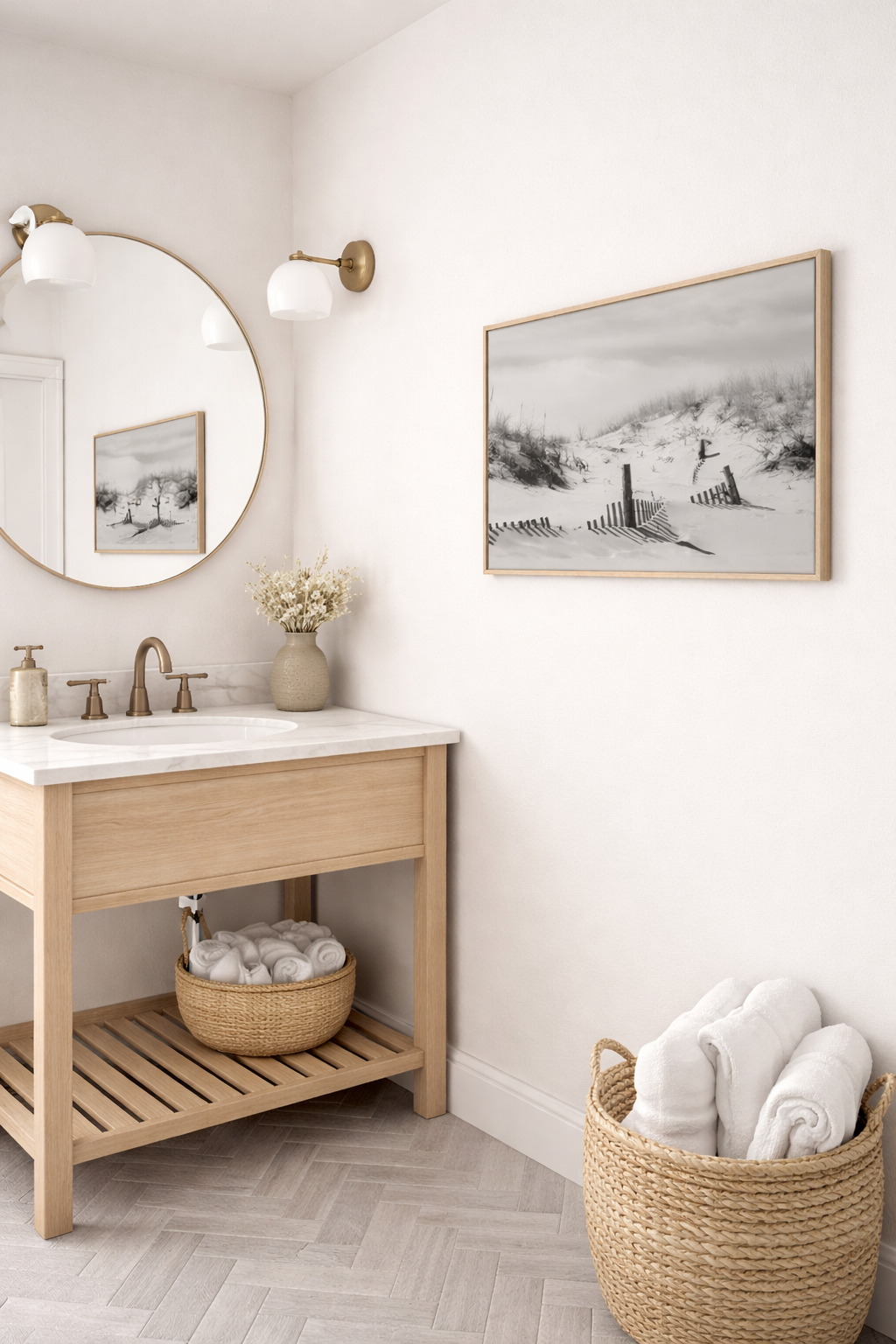 Buried Fences Black and White Landscape Photograph Framed in Scandinavian Style Powder Room