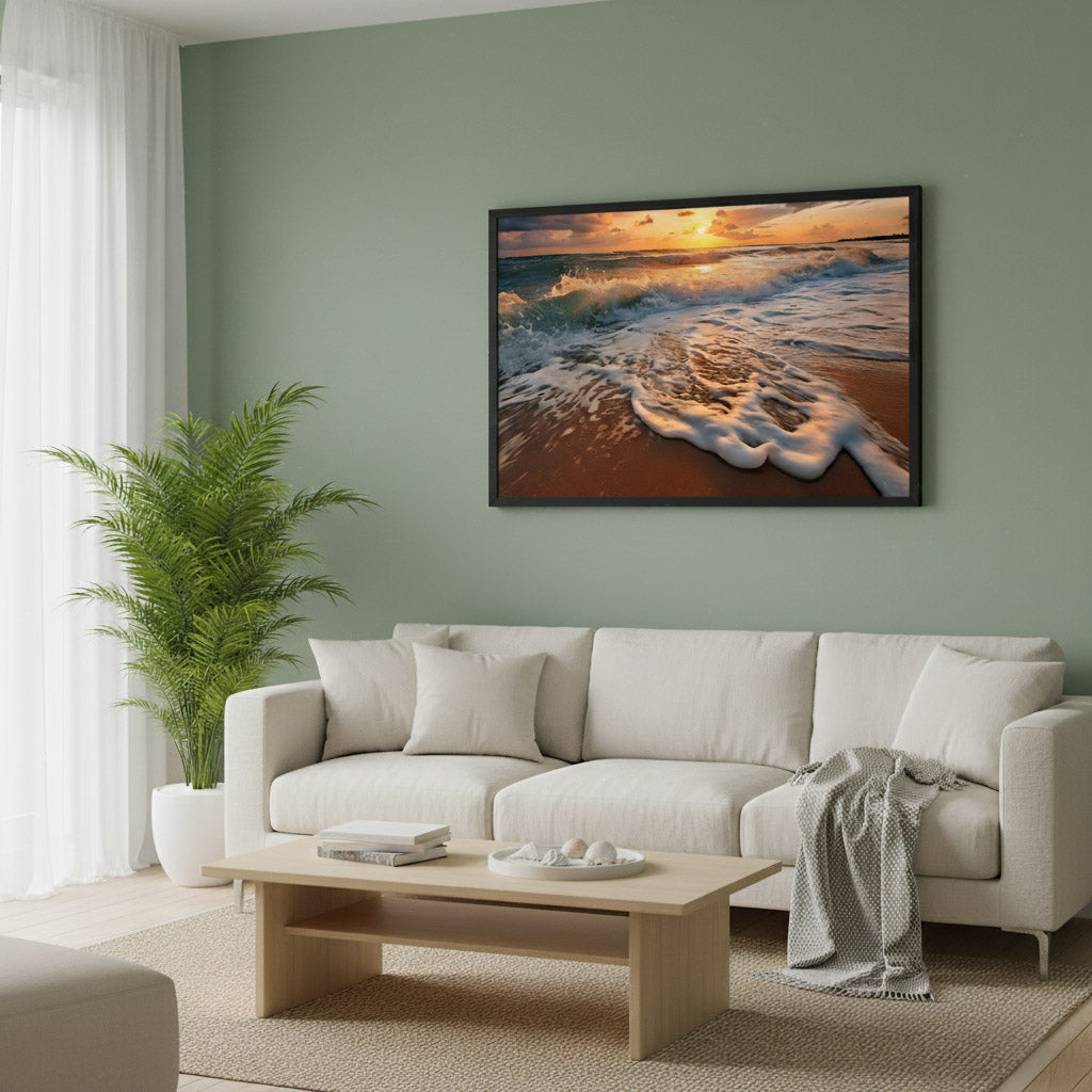 California Dreamin Coastal Wall Art Photorealistic Digital Artwork Large Framed Wall Art Print in Modern Coastal Living Room Setting