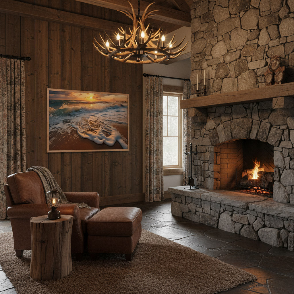 California Dreamin Coastal Wall Art Photorealistic Digital Artwork Large Framed Wall Art Print in Rustic Luxe Lodge Setting