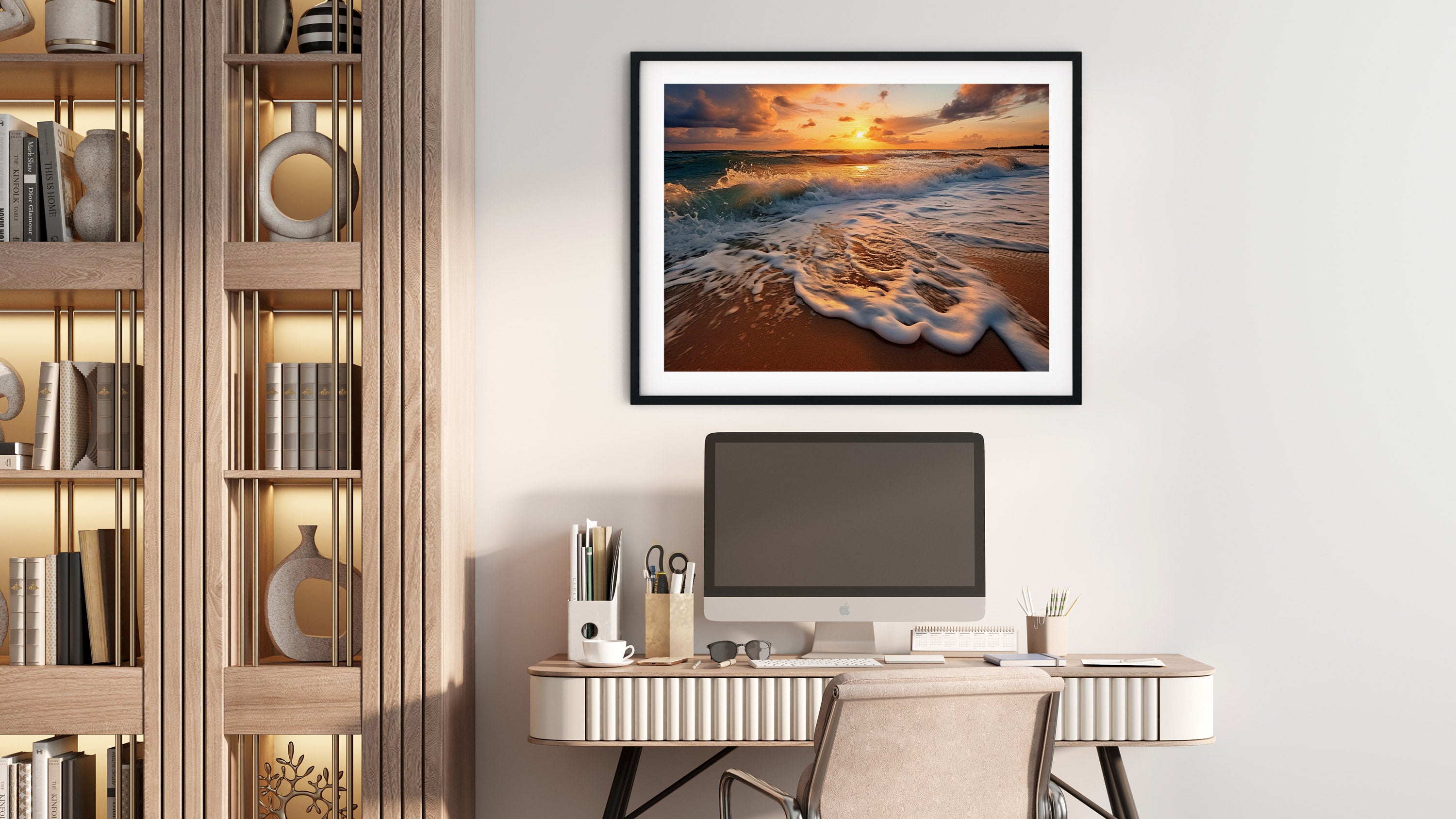California Dreamin Coastal Wall Art Photorealistic Painting Frameable Print Shown in Office Setting 2