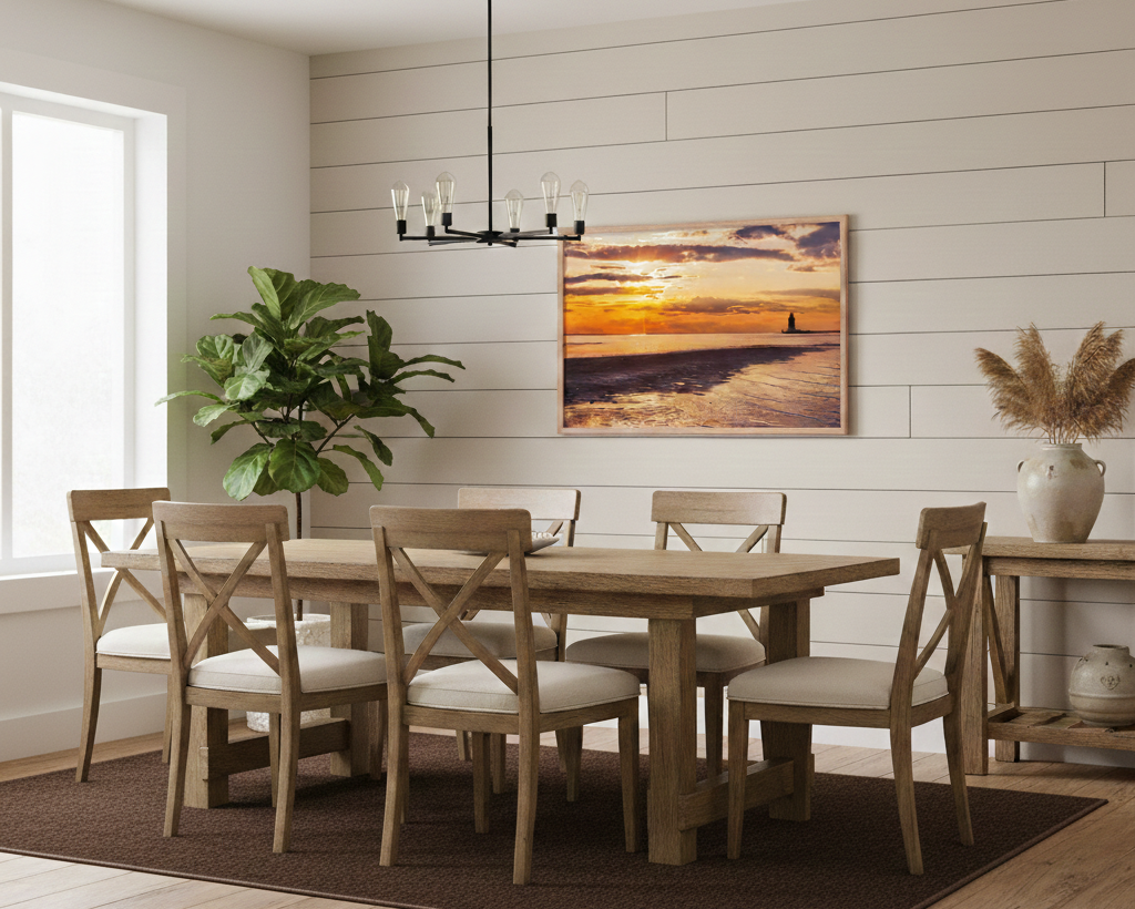 Cape Henlopen Sunset Coastal Landscape Photograph Wall Art Print Framed in Modern Farmhouse Style Dining Room