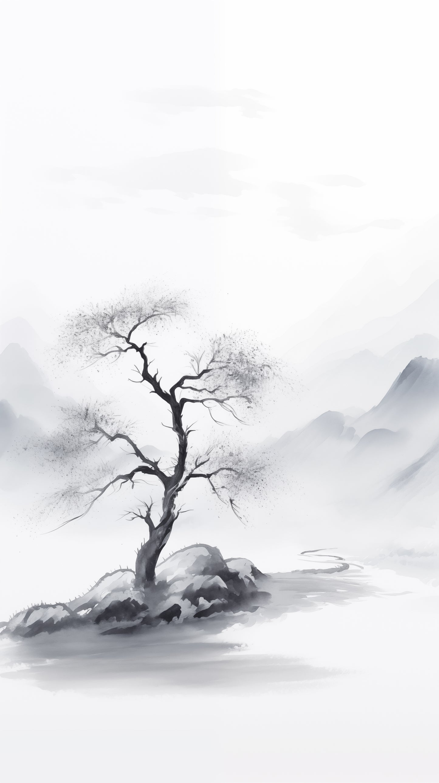 Tree Art: Cliffside Sentinel Ink Painting - Digital Artwork Loose Print