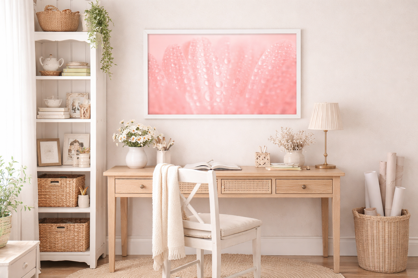 Close-Up Pink Daisy Floral Botanical Photograph Framed Wall Art Print in Cottagecore Style Home Office