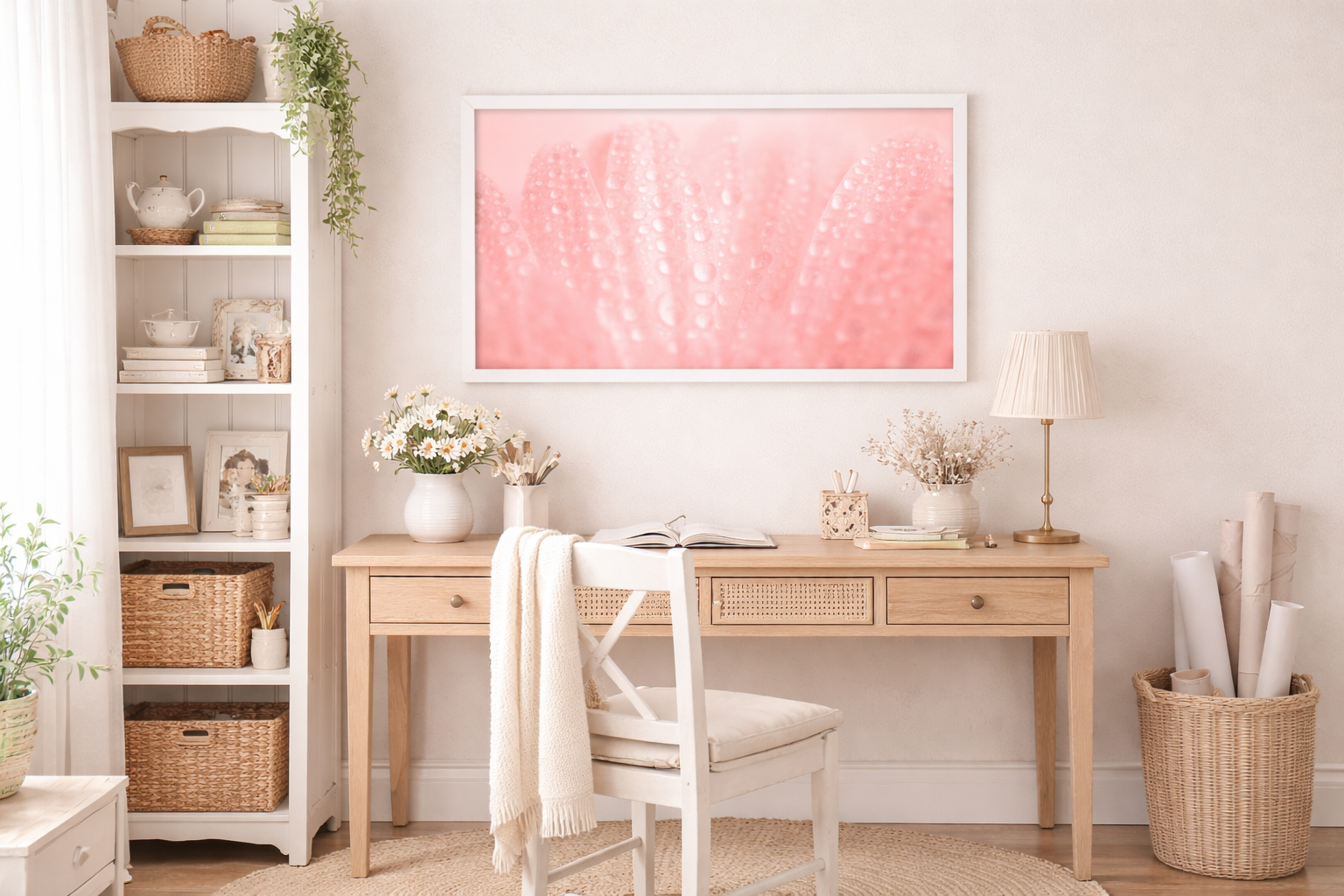 Close-Up Pink Daisy Floral Botanical Photograph Framed Wall Art Print in Cottagecore Style Home Office