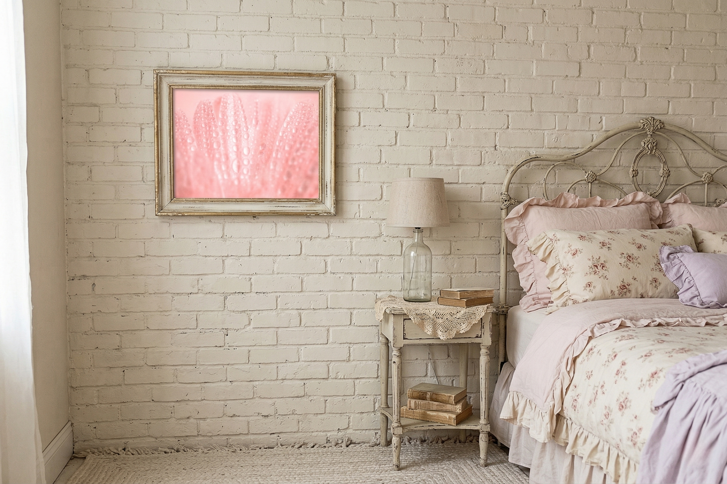 Close-Up Pink Daisy Floral Botanical Photograph Loose Wall Art Print in Shabby Chic Style Bedroom