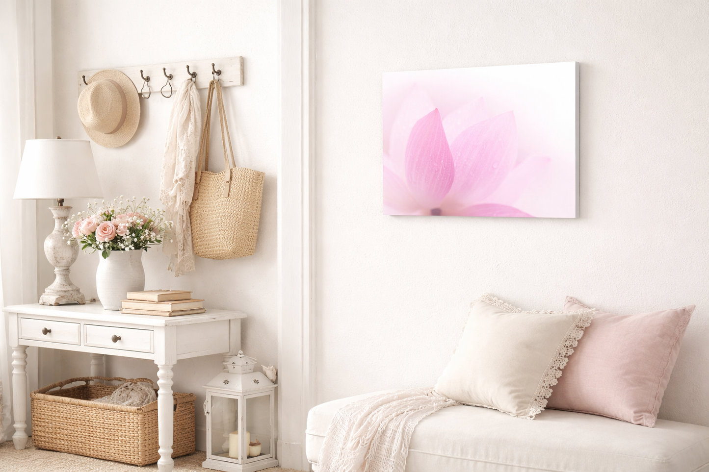 Closeup on Lotus Flower Petal Floral Nature Photograph Canvas in Shabby Chic Style Hallway