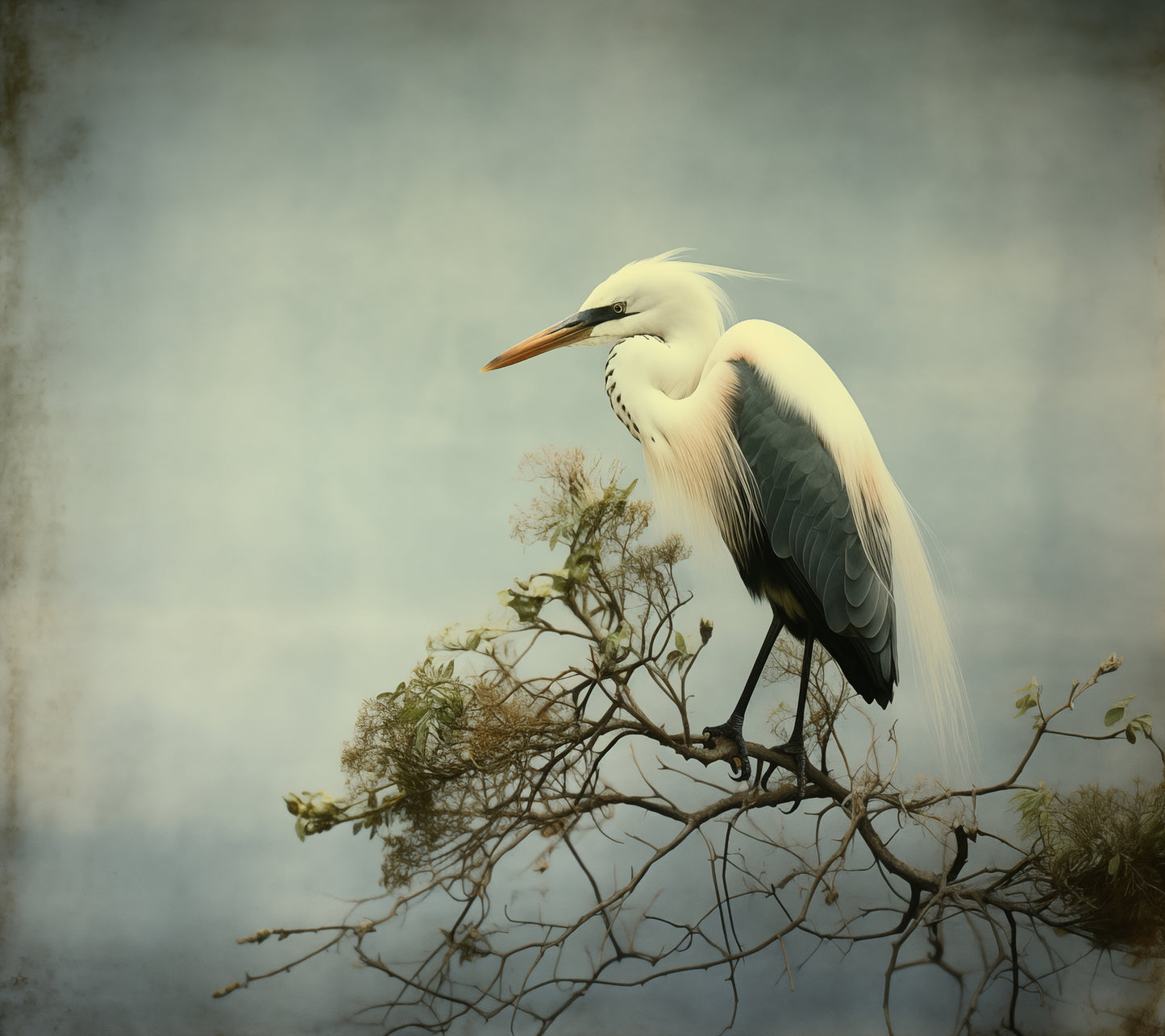 Heron Print: Coastal Solitude Egret Retro Subdued Photorealism - Digital Artwork Loose Art