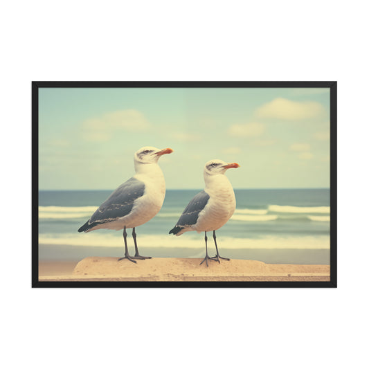 Coastal Companions Seagulls Vintage Retro Subdued Seagulls Photorealistic Digital Artwork Black Framed Wall Art Print