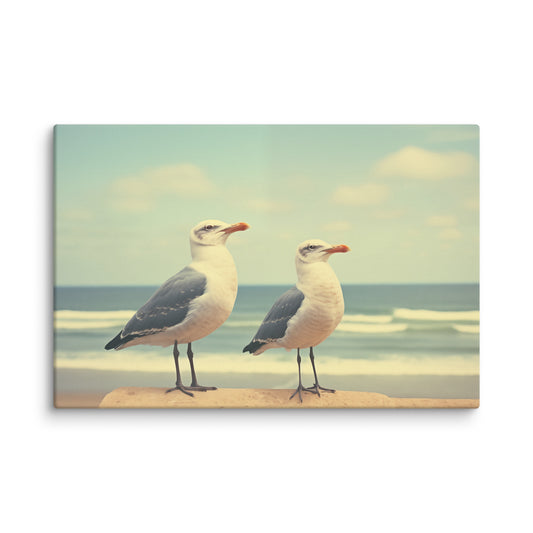 Coastal Companions Seagulls Vintage Retro Subdued Seagulls Photorealistic Digital Artwork Canvas Wall Art Print