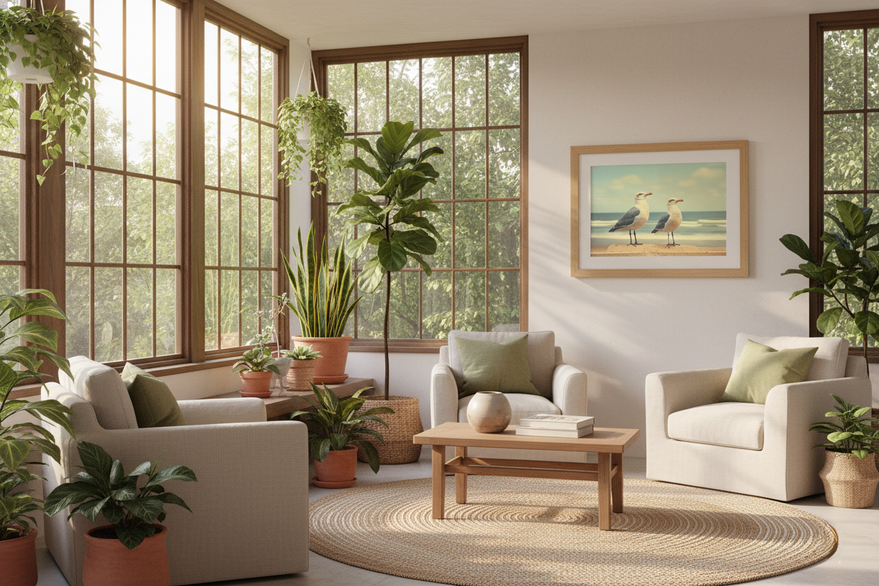 Coastal Companions Seagulls Vintage Retro Subdued Seagulls Photorealistic Digital Artwork Loose in Biophilic Style Sunroom