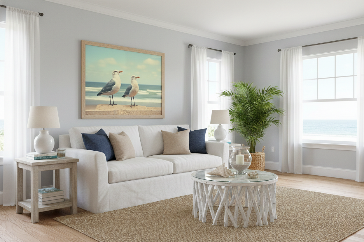 Coastal Companions Seagulls Vintage Retro Subdued Seagulls Photorealistic Digital Artwork Loose in Coastal Style Living Room