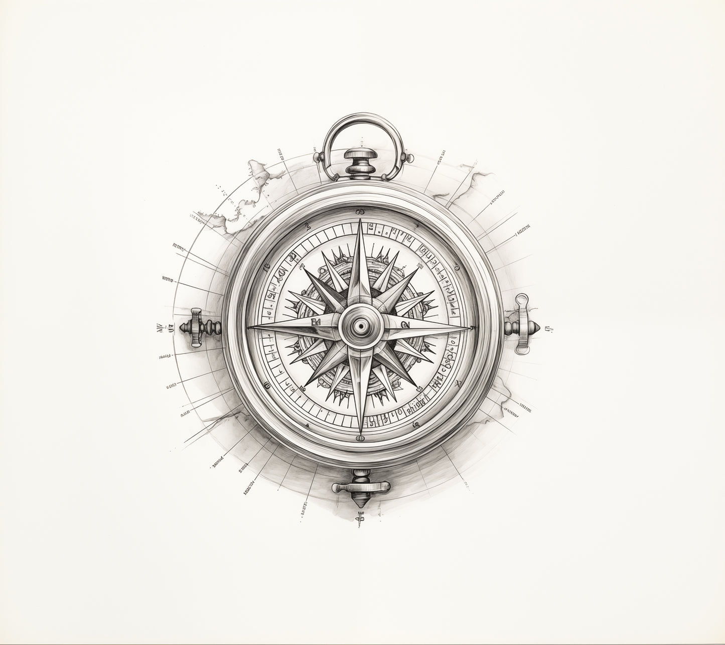 Nautical Compass Wall Art: "Compass Rose" Pencil Sketch Drawing - Digital Artwork Loose Print