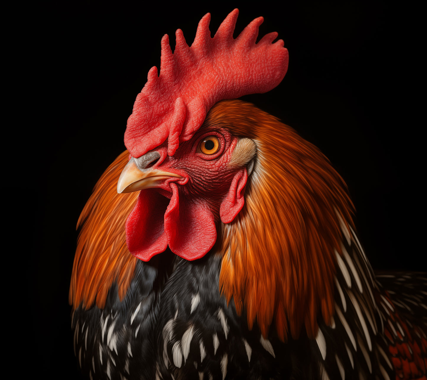 Bird Wall Decor: Crimson Crown Rooster Portrait Photorealism - Digital Artwork Loose Art Print